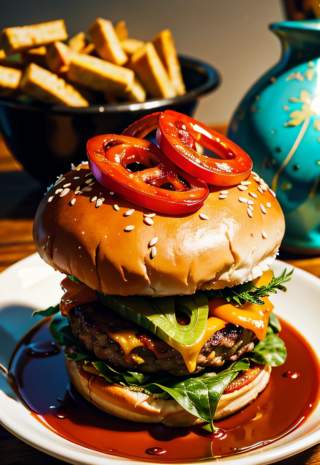 masterpiece、top-quality、top-quality、(Close-up photo of a delicious-looking hearty artistic burger)、ighly detailed、colourfull、highestdetailed