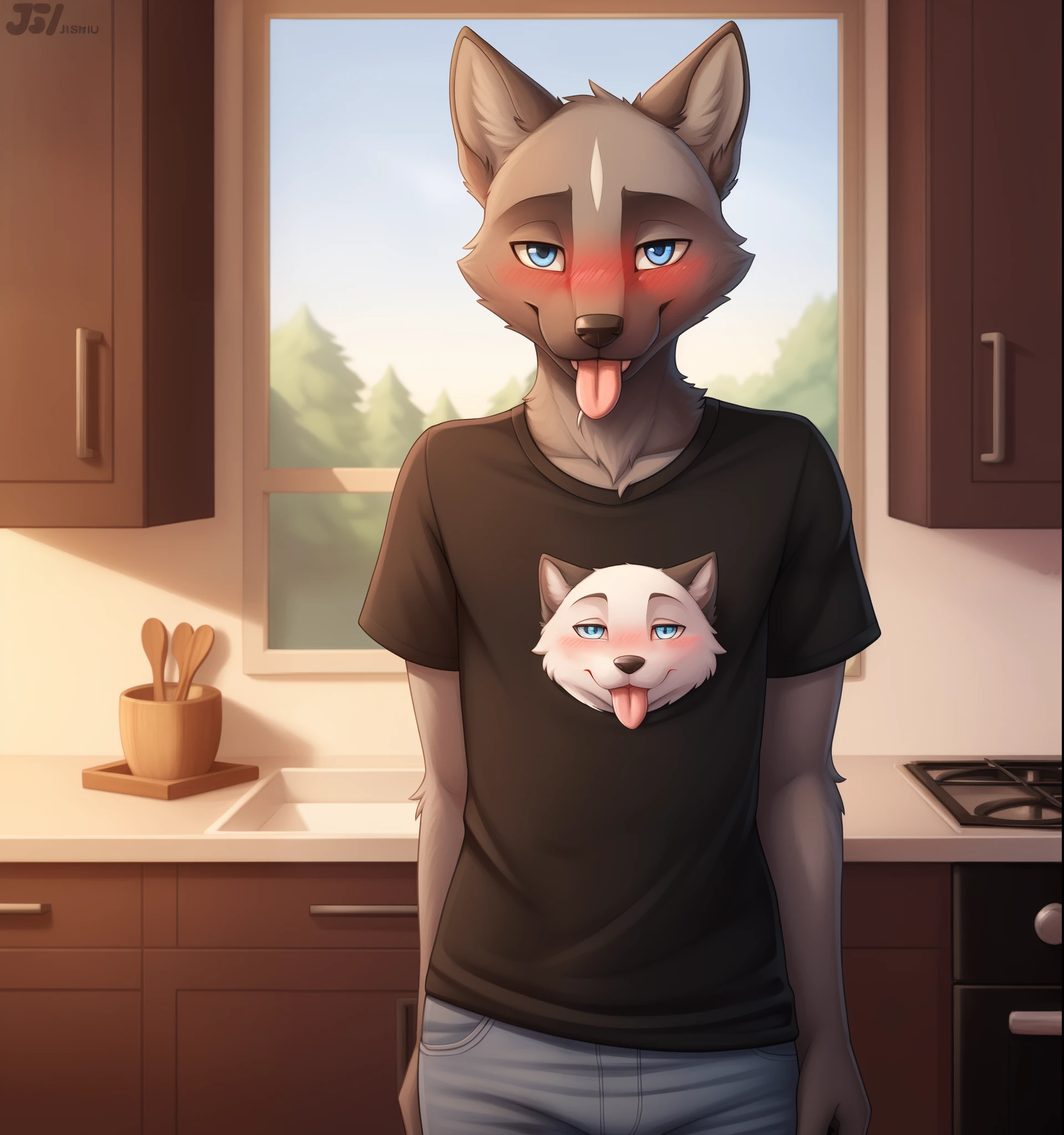 (by Jishinu:1.2), anthro, (silver), silver fox, fluffy fur, uploaded on e621, (((furry male))), (wearing jeans), detailed ambient light from kitchen window, (wearing teeshirt:1.2), anthro, femboy, safe content, (shaded), ((masterpiece)), (fluffy:1.1), from the viewers  (seductive eyes:1.3), (tongue out, hungry look:1.5), (looking at viewer:1.1), (blushing:1.4), standing in kitchen, (glowing blue eyes:0.7), smiling face, (seductive:1.3), 1boy, pov,