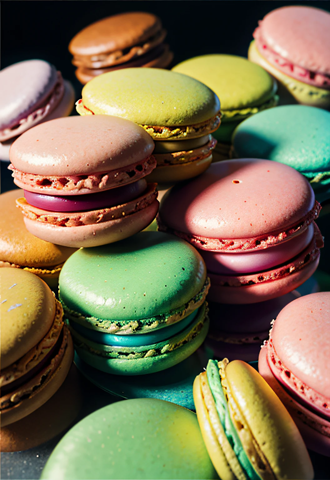 ​masterpiece、top-quality、top-quality、(Close-up photo of colorful and artistic macarons)、ighly detailed、colourfull、highestdetailed