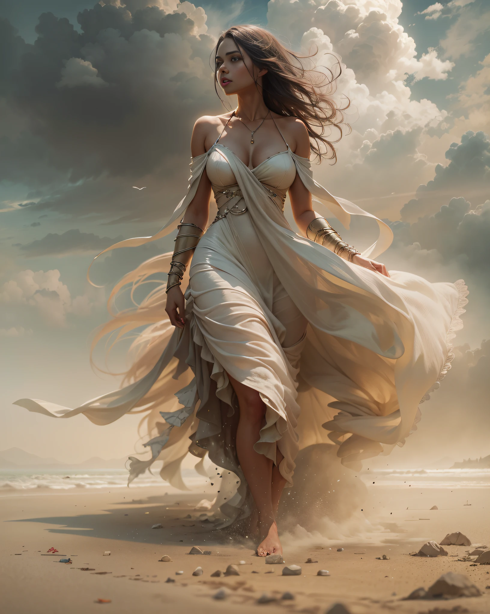 Arad woman in dress walks across the beach, inspired by Darek Zabrocki, Brooke Sardin in detail, Goddess of dust, inspired by Maciej Kuciara, inspired by Igor Kieryluk, author:Darek Zabroki, Tomasz Alen Kopera and CGsociety, cloud goddess, Wind and dust
