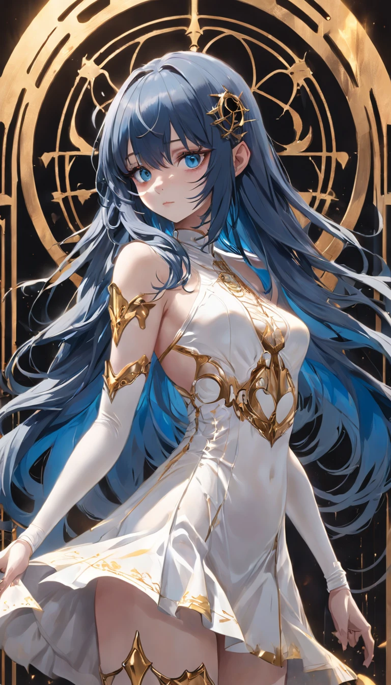A girl with long blue hair in a white darkwave style dress with gold details and a devil mask,Estilo Darkwave,retrato de medio cuerpo,centrado,HDR,8k,hiperrealista,hermoso estudio de luz suave,detalles vibrantes,Anatomical,elegante,foco nítido,Foto de estudio,tendencias en Artstation,hiper detallado,filtro polarizador