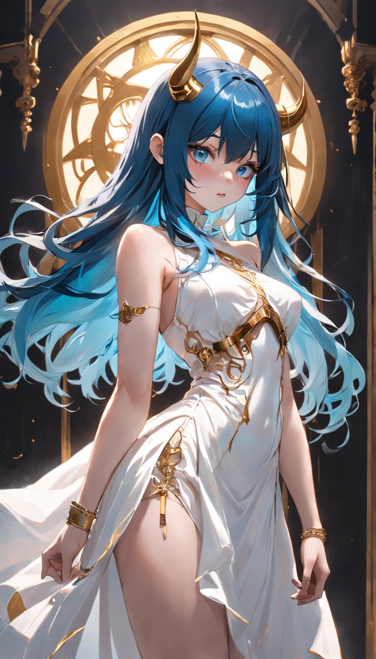 A girl with long blue hair in a white darkwave-style dress with golden details and a devil mask,Estilo Darkwave,retrato de medio cuerpo,centrado,HDR,8k,hiperrealista,hermoso estudio de luz suave,detalles vibrantes,Anatomical,elegante,foco nítido,Foto de estudio,tendencias en Artstation,hiper detallado,filtro polarizador