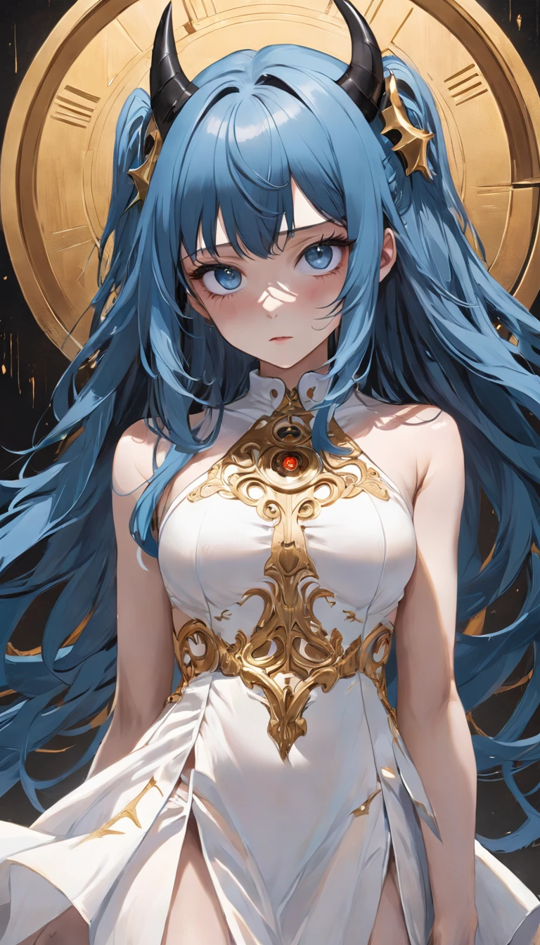 A girl with long blue hair in a white darkwave style dress with gold details and a devil mask,Estilo Darkwave,retrato de medio cuerpo,centrado,HDR,8k,hiperrealista,hermoso estudio de luz suave,detalles vibrantes,Anatomical,elegante,foco nítido,Foto de estudio,tendencias en Artstation,hiper detallado,filtro polarizador