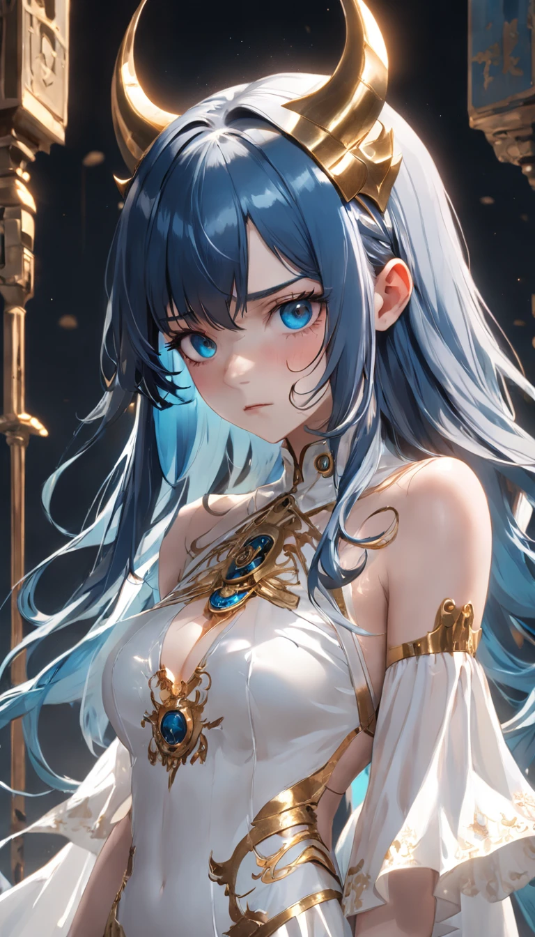 A girl with long blue hair in a white darkwave style dress with gold details and a devil mask,Estilo Darkwave,retrato de medio cuerpo,centrado,HDR,8k,hiperrealista,hermoso estudio de luz suave,detalles vibrantes,Anatomical,elegante,foco nítido,Foto de estudio,tendencias en Artstation,hiper detallado,filtro polarizador