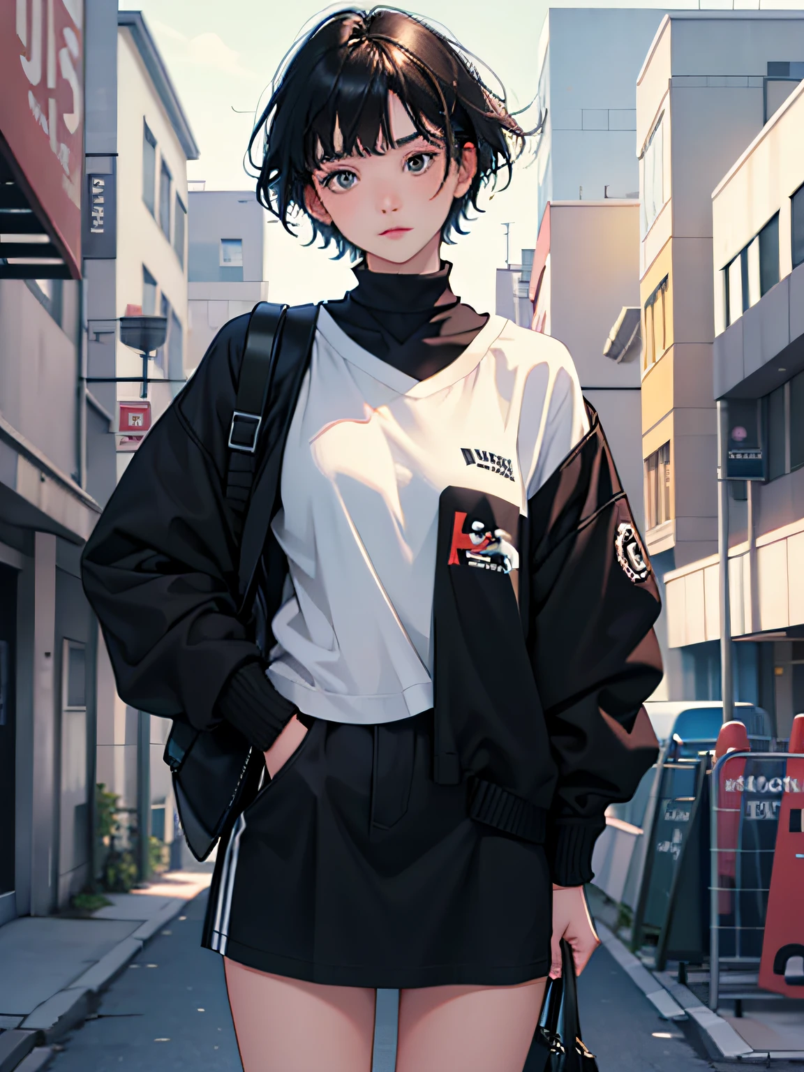 15-year-old girl : 1.3, Short black hair: 1.2, Casual wear: 1.2, Daytime: 1.2, on the campus: 1.2, cinmatic lighting, surrealism, hyper HD, ccurate, Super detail, Textured skin, High detail, Best quality, 8K