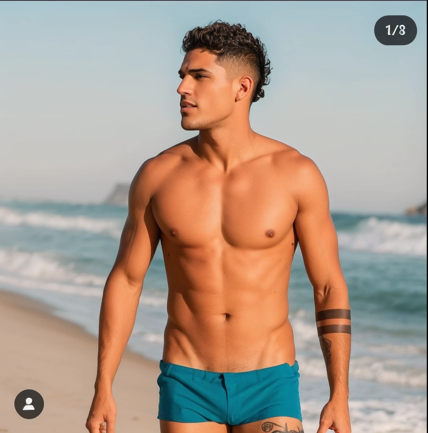 Arafed man in blue shorts standing on the beach with a surfboard, caio santos, meio tiro de um hunky, not shirt, Speedo, Prefeito, Homem magro com pele bronzeada clara, posando em uma praia com o oceano, lucas graziano, oceano ao fundo, o extremamente quente e sexy, Modelo do Instagram, foto de praia