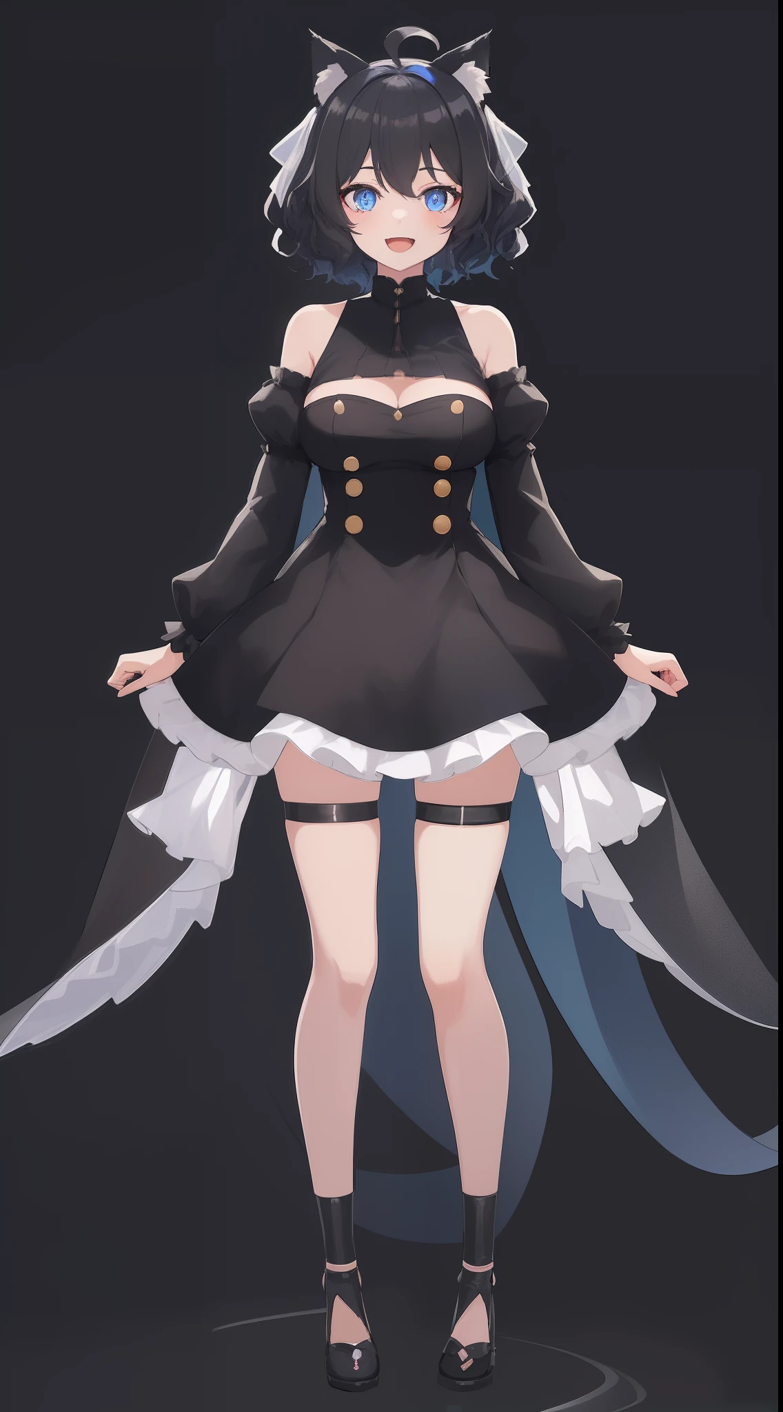 Full body, Upright, Arms at sides, Looking at Viewer, Simple background, 1girl in, Open mouth, Smile, Virtual Youtuber、girl with、、((Best Quality, high_resolution, Distinct_image)),(Black hair), (Black cat ears), (Ahoge), (absurdly short hair), (Wavy Hair), (Blue eyes),、A smile、large full breasts、