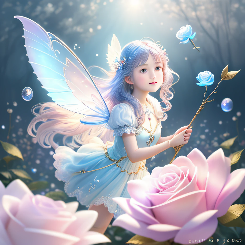 1 moon，Beautiful transparent flower fairy baby, Transparent colorful wings, The wand flutters in the wind､The wand flashed with starlight，Golden wand，Beautiful blue sky and white clouds、Girls have transparent wings､kindly smile､Beautiful garden background､Gentle and transparent，anatomy correct, Delicate pattern，Pink rose space, Soft lighting, ( Bokeh)，Masterpiece, Super detailed, Epic composition, Highest quality, 8K，Epic romantic fantasy digital art，Epic fairy tale fantasy digital art，Mythological fantasy，UHD resolution，Detailed detail drawing，realisticlying，Very realistic，cinmatic lighting,an award winning photograph,rich colours，hyper realistic lifelike texture，dramatic  lighting