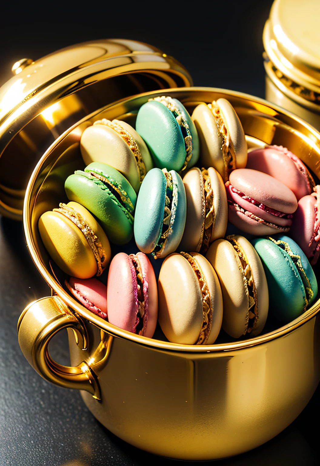 ​masterpiece、top-quality、top-quality、(Close-up photo of beautiful, colorful and artistic macarons served in gold vessels)、ighly detailed、colourfull、highestdetailed