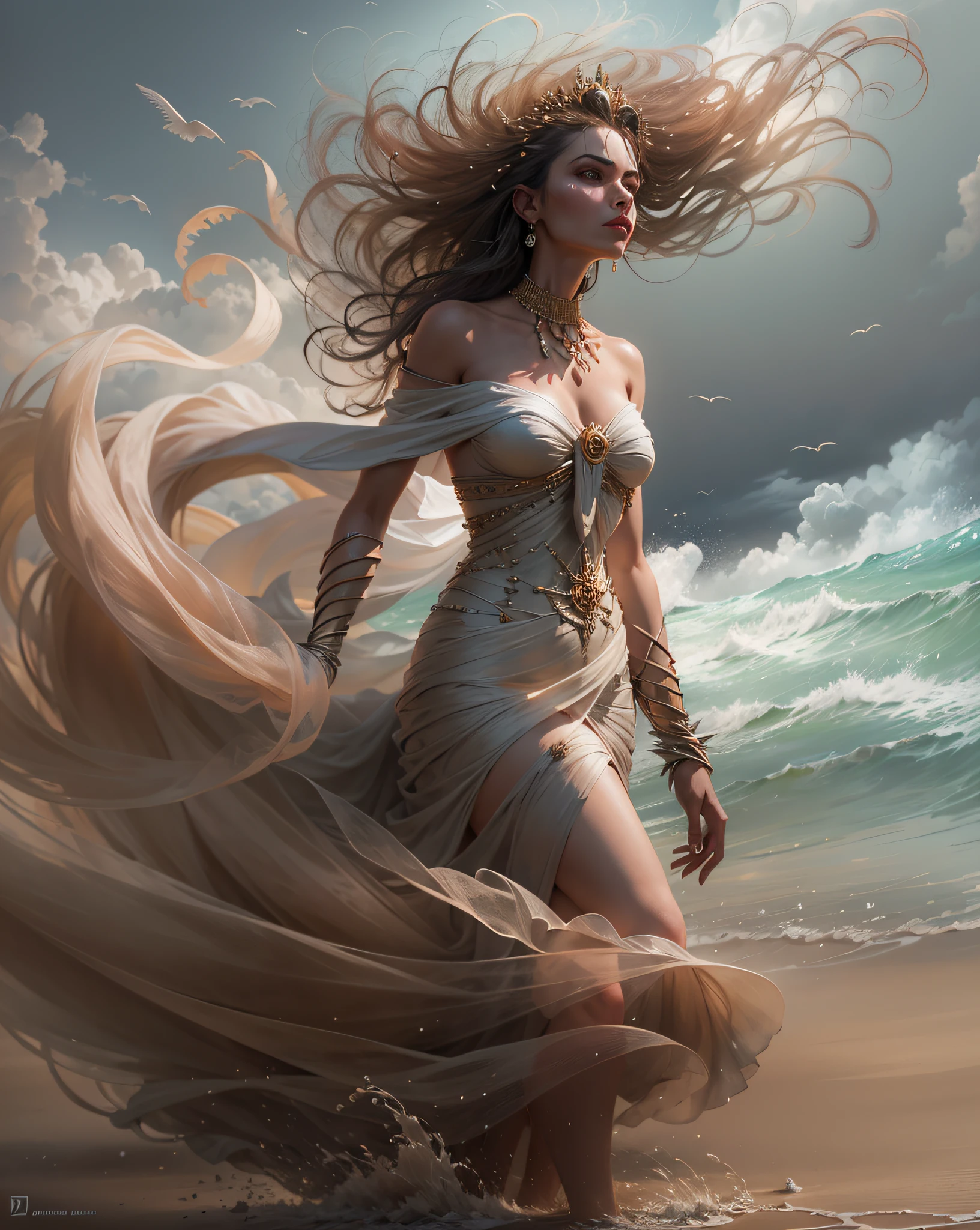 Arad woman in dress walks across the beach, inspired by Darek Zabrocki, Brooke Sardin in detail, Goddess of dust, inspired by Maciej Kuciara, inspired by Igor Kieryluk, author：Darek Zabroki, Tomasz Alen Kopera and CGsociety, cloud goddess, Wind and dust