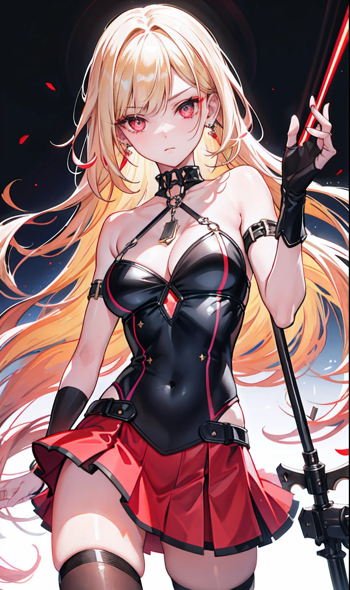 （tmasterpiece，Sideslit，Beautiful eyes：1.2），（tmasterpiece*sportrait），sportrait，busts，（busts），Lifelike，Anatomical correct，3D脸，luscious skin，（Solo），Blonde hair and pickaxe dyeing，Gradient hair，（closeup of face），Lovely face，（Fire opal-like scarlet eyes），Hanging eye corners，（（highdetailskin，Visible pores）），（Perfect body），beuaty girl，little breast，（（）），（（Skirt_suit）），（ear studs），（Neck strap），very short gloves，（chain），（Laser material clothing：1.2）