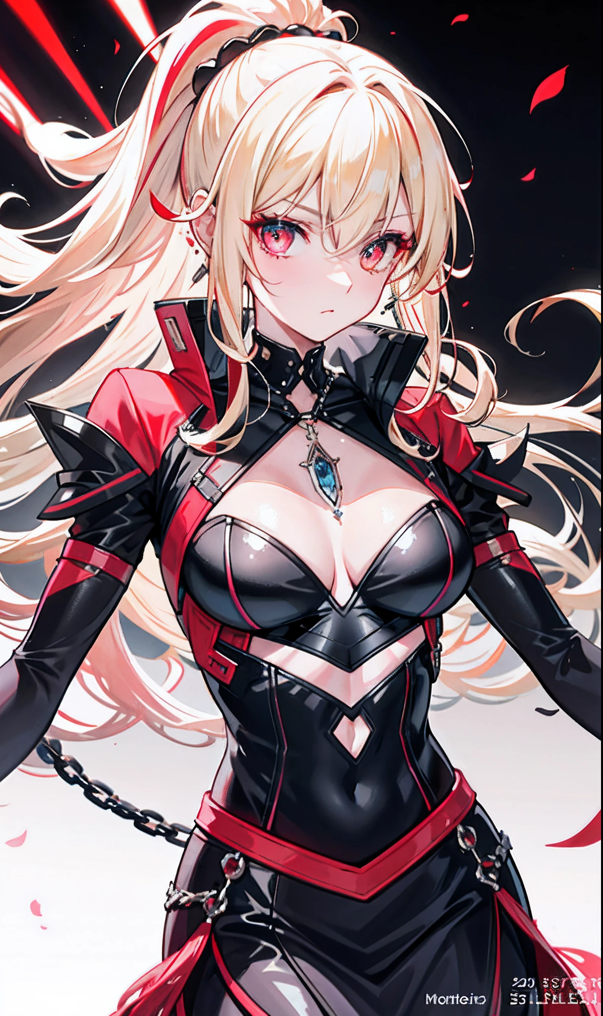 （tmasterpiece，Sideslit，Beautiful eyes：1.2），（tmasterpiece*sportrait），sportrait，busts，（busts），Lifelike，Anatomical correct，3D脸，luscious skin，（Solo），Blonde hair and pickaxe dyeing，Gradient hair，（closeup of face），Lovely face，（Fire opal-like scarlet eyes），Hanging eye corners，（（highdetailskin，Visible pores）），（Perfect body），beuaty girl，little breast，（（）），（（Skirt_suit）），（ear studs），（Neck strap），very short gloves，（chain），（Laser material clothing：1.2）