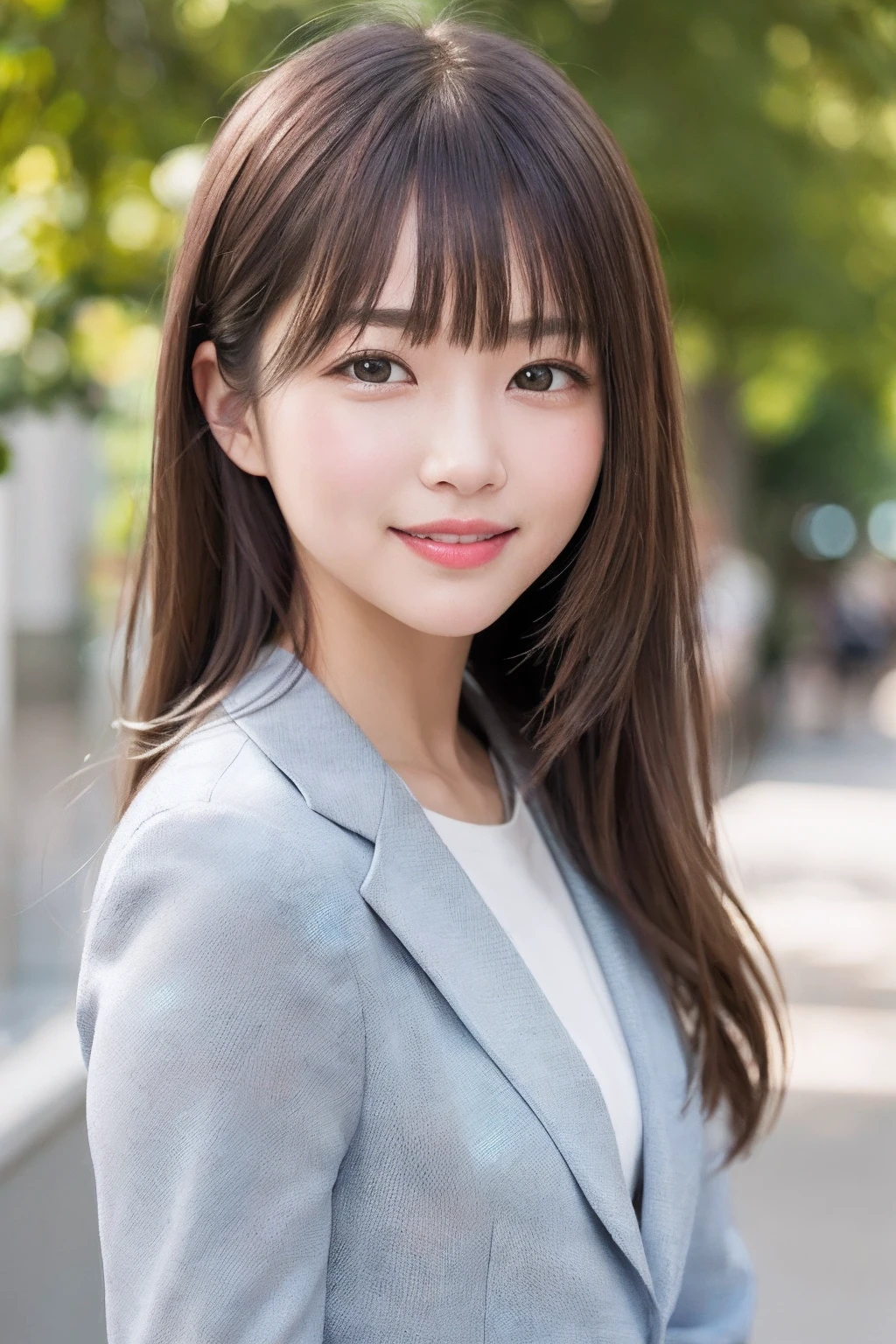 masterpiece、in 8K、hight resolution、独奏、extra detailed face、frontage、女の子 1 人、28 year old、Adults、Downtown、A smile、bustup、Suits、a picture、realisticlying、top-quality、A detailed face、细致背景、diffuse lighting、long、A dark-haired、((directly in front))、((Small eyes))、((Natural smile))、((closes mouth))、Sunlight、natural soft light、Bright photo、frontage、portlate、