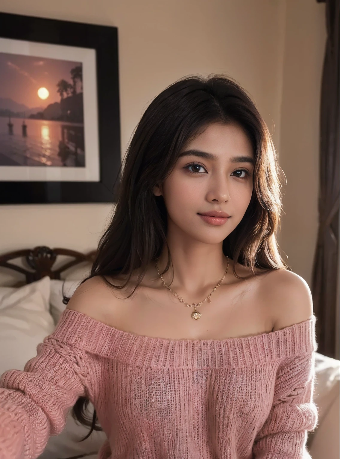 ((Early morning, Realistic Light, Best Quality, 8K, Masterpiece: 1.3)), 1 Indian Girl, medium fat Beauty: 1.4, Abs: 1.1, (Brown Long Hair, Medium Breasts: 1.3), Off Shoulder, Long Pink Sweater: 1.1, Bedroom, Super Beautiful Face, Delicate Eyes, Double Eyelids, Smile, Necklace