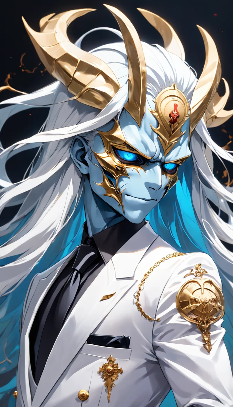 A man with long blue hair in a white darkwave-style suit with silver details and a golden devil mask,Estilo Darkwave,retrato de medio cuerpo,centrado
