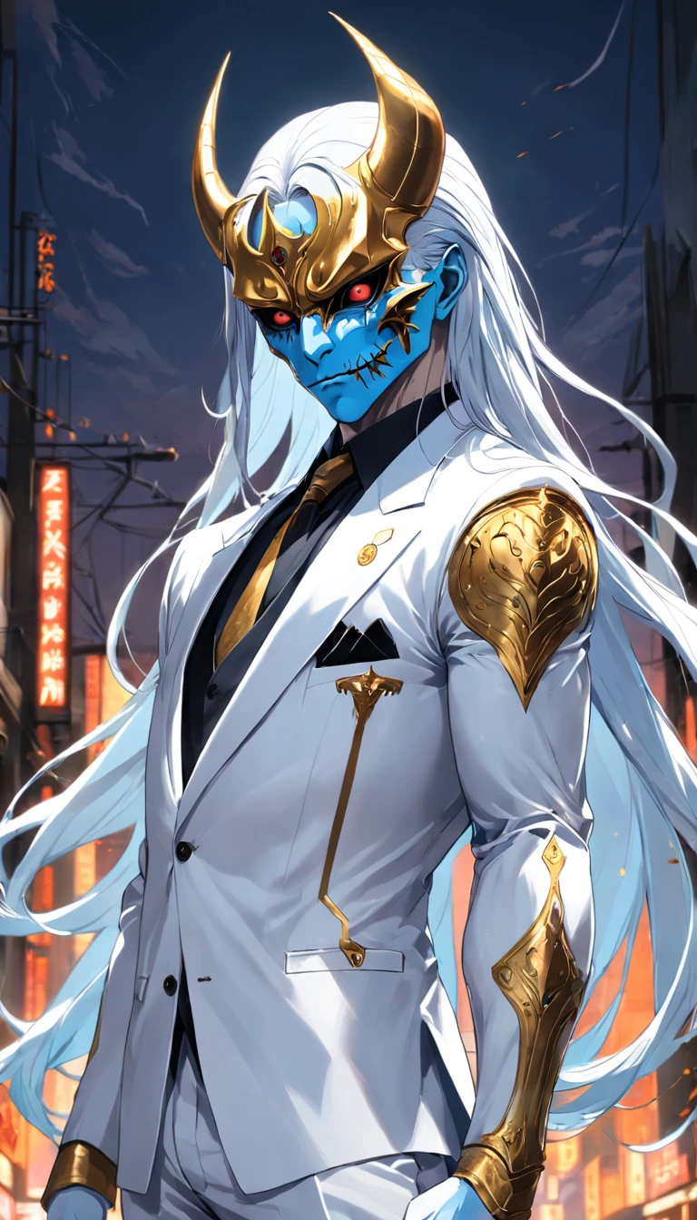 A man with long blue hair in a white suit with silver details and a golden devil mask,Estilo Darkwave,retrato de medio cuerpo,centrado