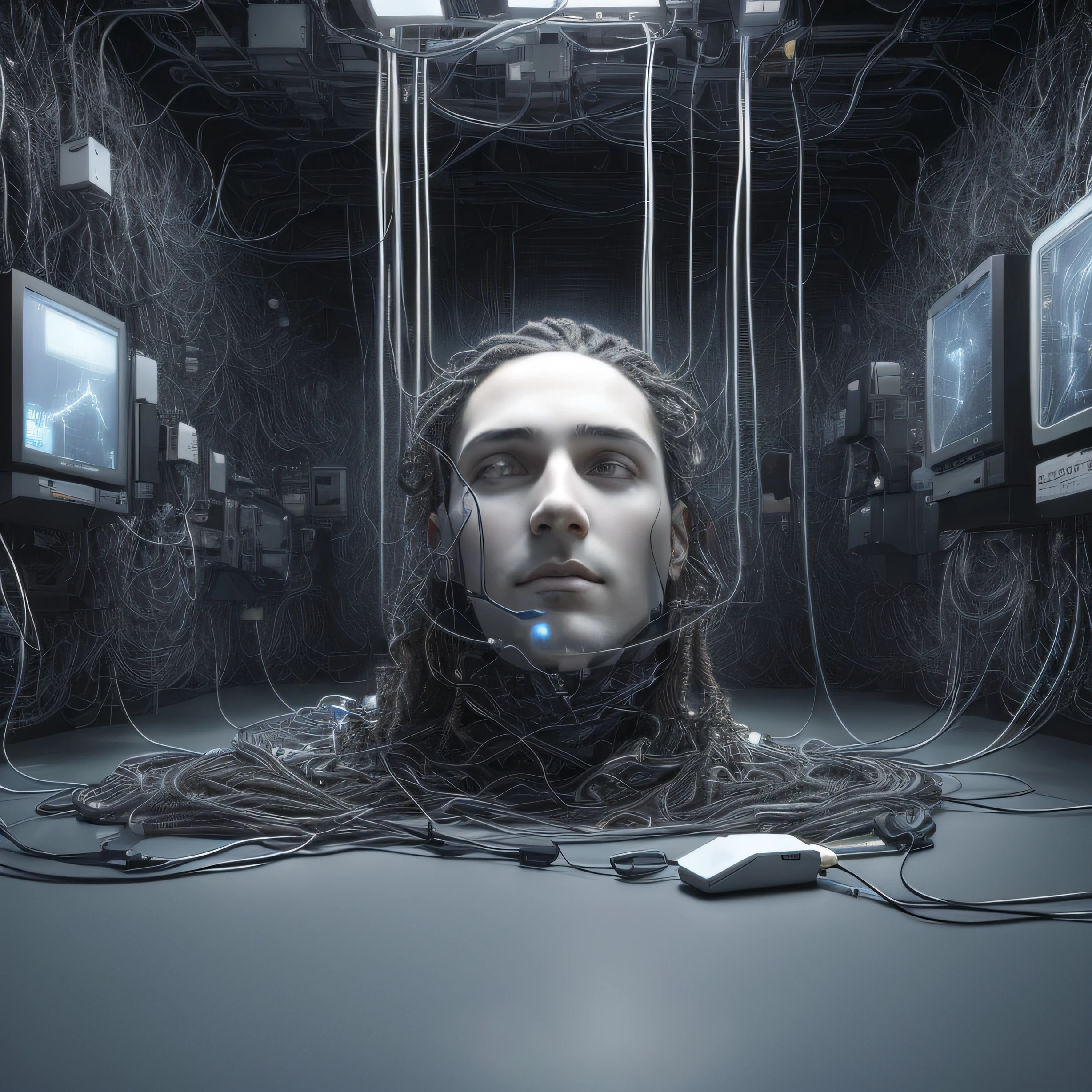 Head of a man surrounded by wires in a room, Realistic photography, covered with wires, Disturbing 4K digital art, Aura Jared and wires, Surreal cyberspace, Digital artist, Cyborg in the data center, Wires connected to the head, Matte painting of the human mind, Immersed in a glitch network, by Kurt Roesch, cyber dreadlocks.