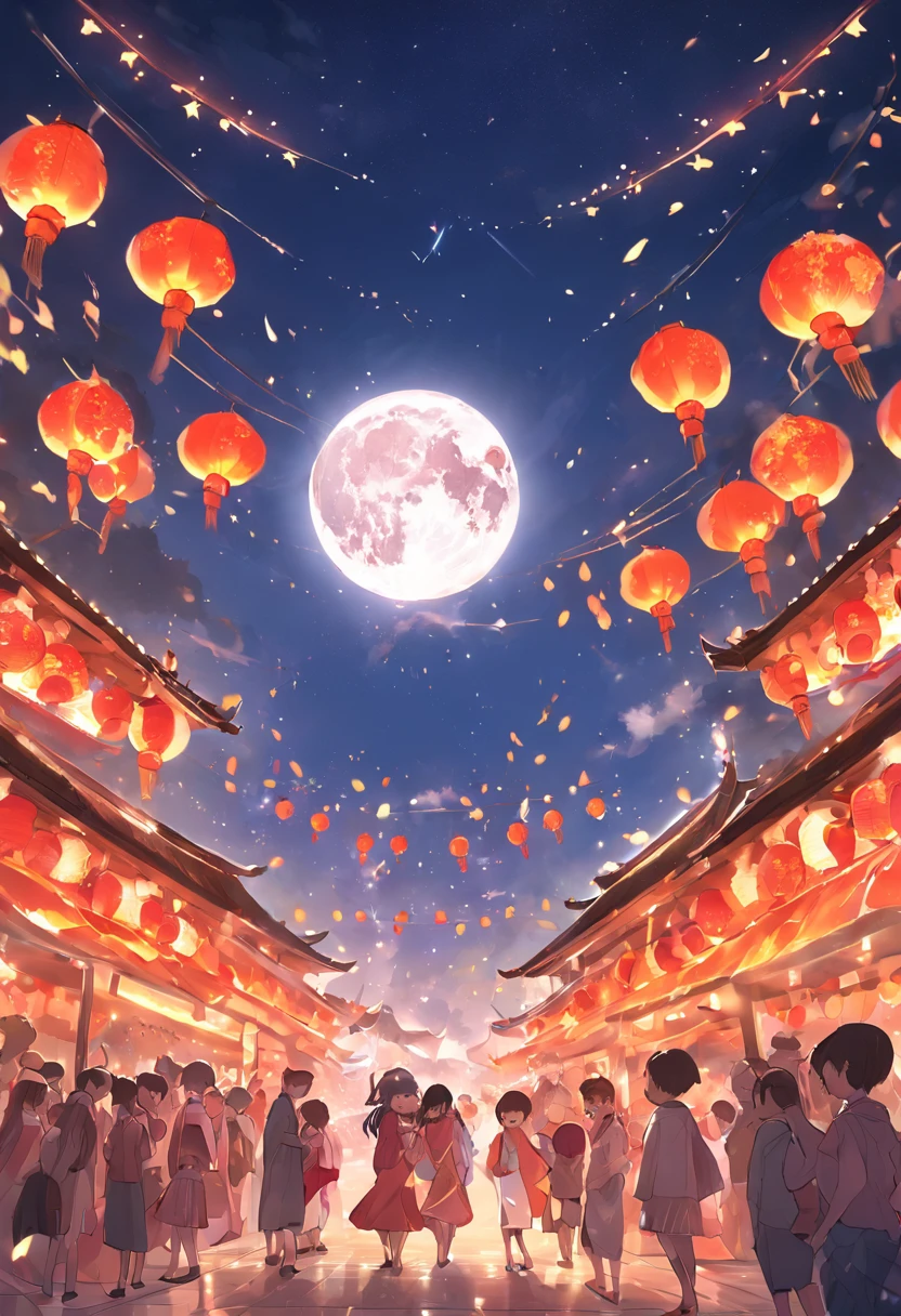 Mid-Autumn Festival、Moon、themoon、Sun Star、Mooncake stalls、Concert、band、fire works、UAVs、environment friendly、tradit、celebrating、enviroment、The villagers、Plaza、Bamboo lanterns、the night、celebrating、Artistically、device、decor、castoff、save、resource，high definition resolution