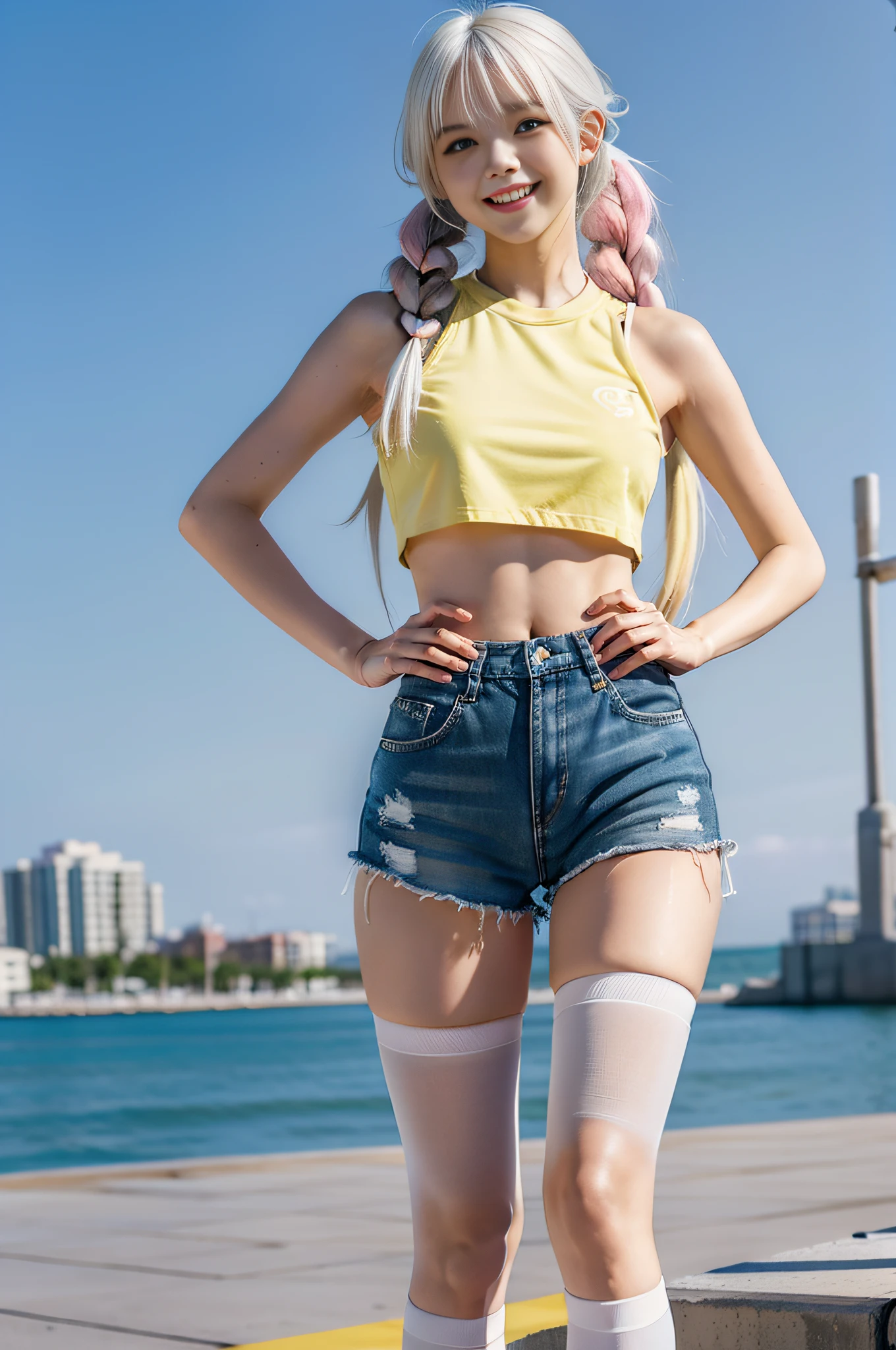 1girll, Solo, Masterpiece, Best quality, (Blush:1.3), view the viewer, From above, Place your own hands on your hips, White hair, Very long hair, long twintail, (Left blue eye 1.2), (Right yellow eye:1.2), Heterochromia, bangs, Small breast, hair pin, Cropped white sweatshirt, navel, Pink dolphin shorts, Short shorts, Highleg panties, White pantyhose, upper legs, athletic sneakers, cropped shoulders, 鎖骨, Thick thighs, street, Floating hair, Cowboy shot, Smile, grin