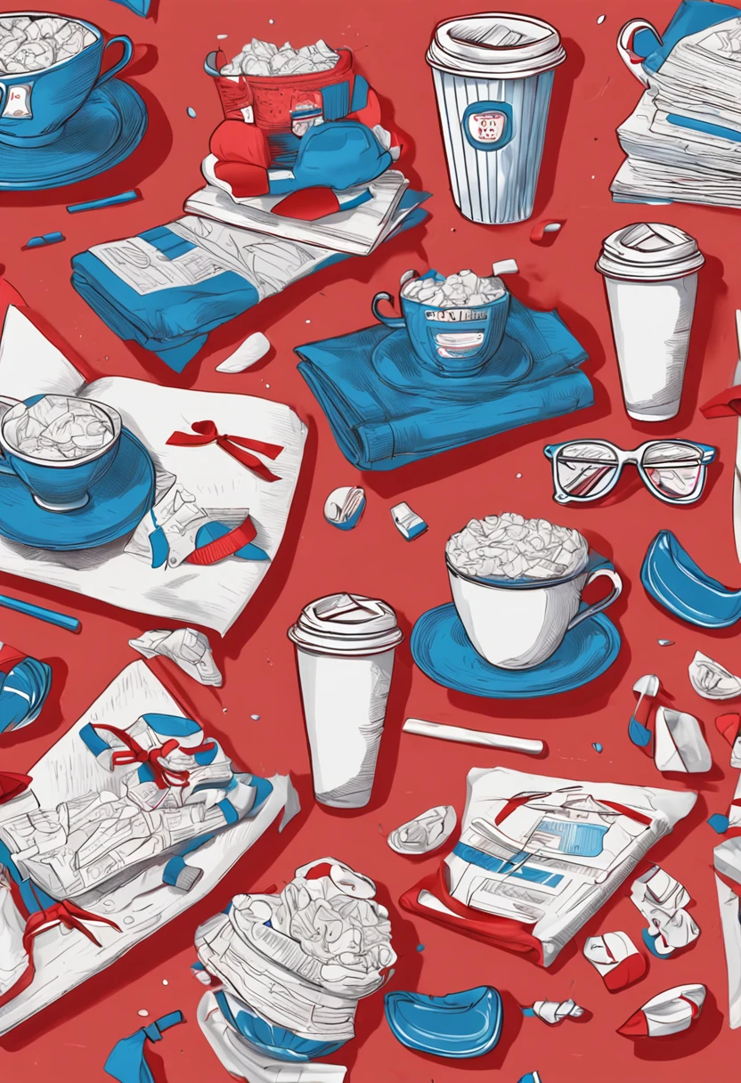 Object scene with main color is blue, white and red, frame, table, cup, host, costume, background, realistic