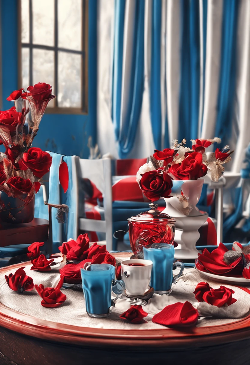 Object scene with main color is blue, white and red, frame, table, cup, host, costume, background, realistic