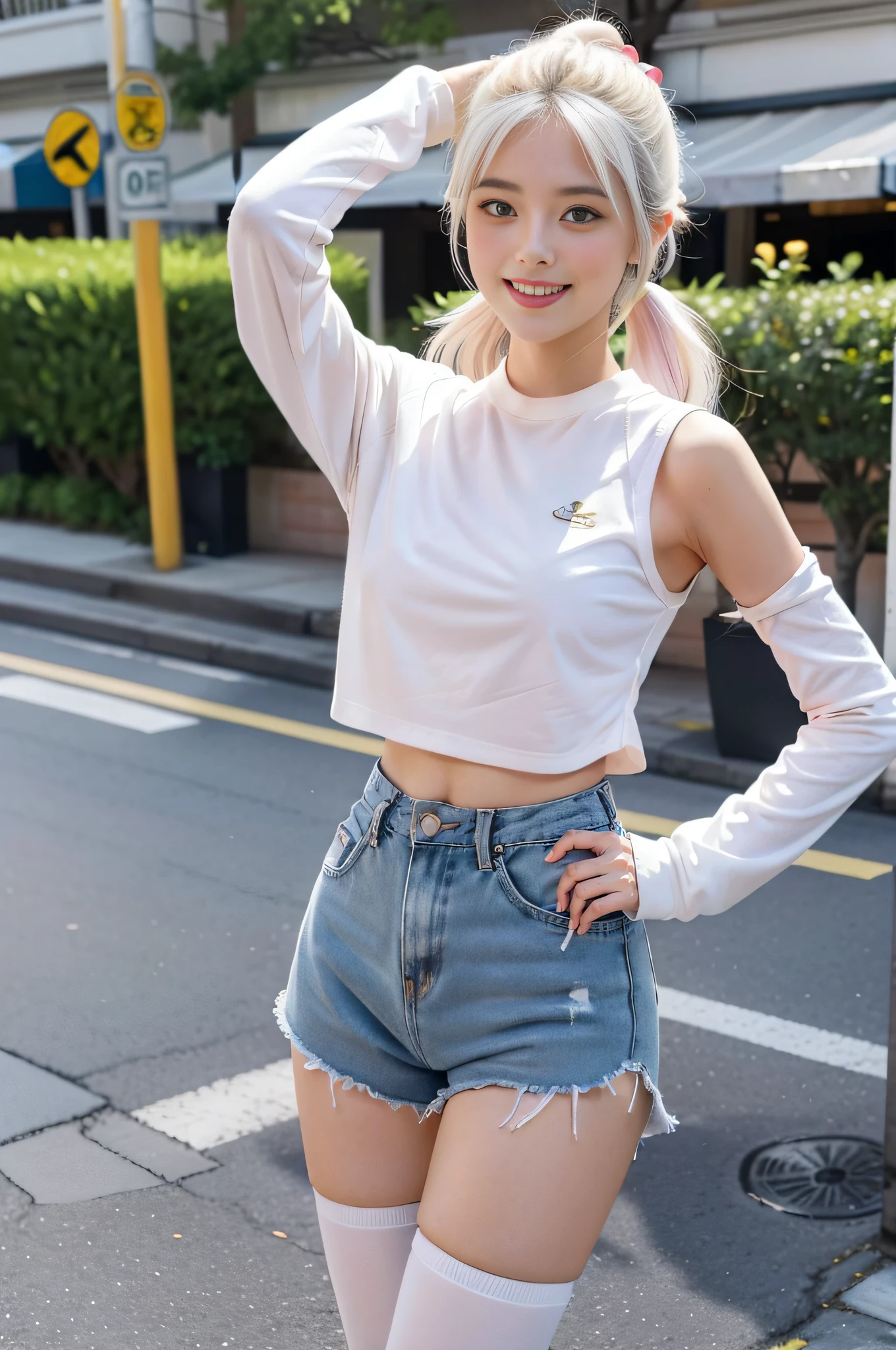 1girll, Solo, Masterpiece, Best quality, (Blush:1.3), view the viewer, From above, Place your own hands on your hips, White hair, Very long hair, long twintail, (Left blue eye 1.2), (Right yellow eye:1.2), Heterochromia, bangs, Small breast, hair pin, Cropped white sweatshirt, navel, Pink dolphin shorts, Short shorts, Highleg panties, White pantyhose, upper legs, athletic sneakers, cropped shoulders, 鎖骨, Thick thighs, street, Floating hair, Cowboy shot, Smile, grin