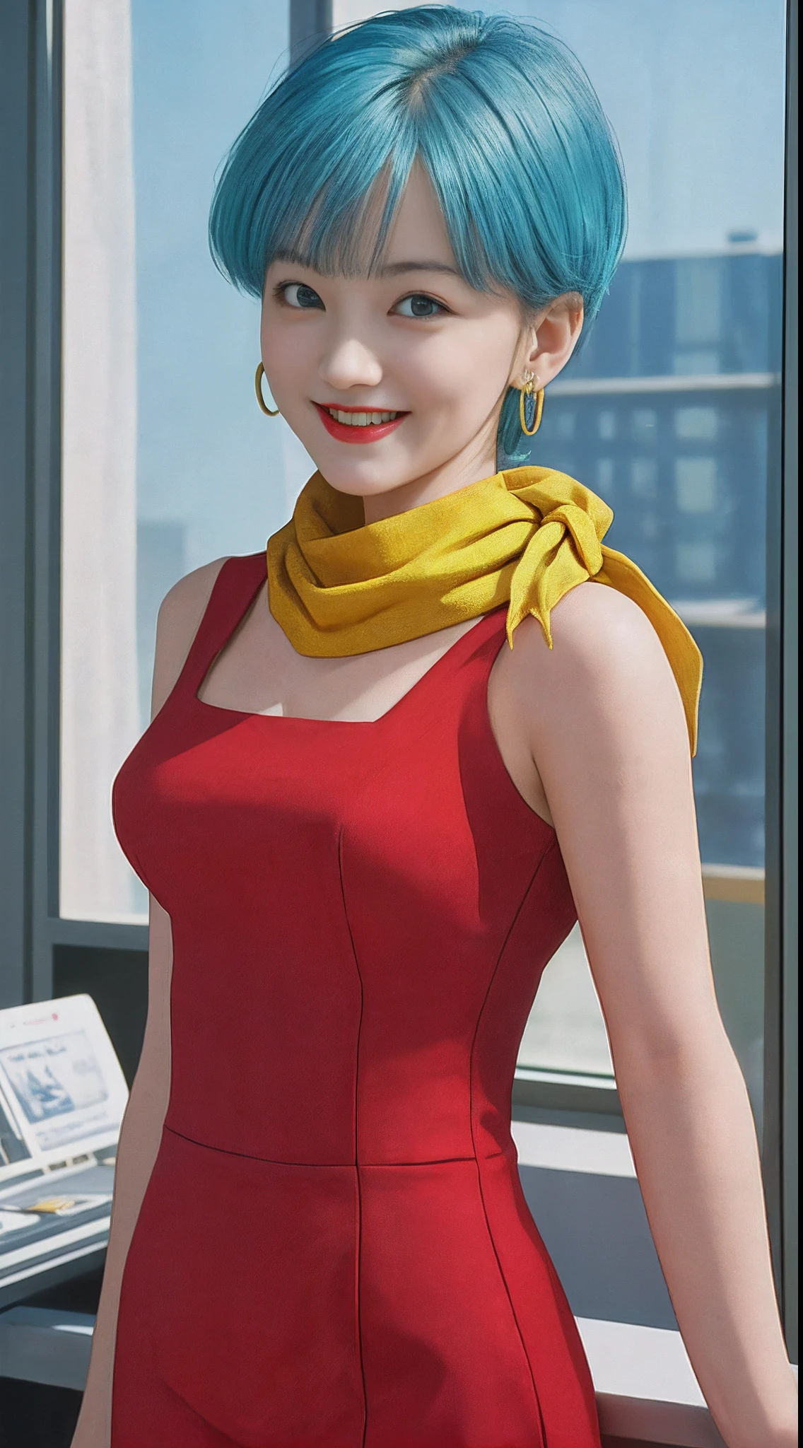 ((masterpiece:1.4, best quality)), ((masterpiece, best quality,8K)), (photo realistic:1.4), (female, medium chest, smile, aqua hair, short hair, blue eyes, earrings, red dress , yellow scarf), (office, laboratory, interior), professional lighting, physically-based rendering