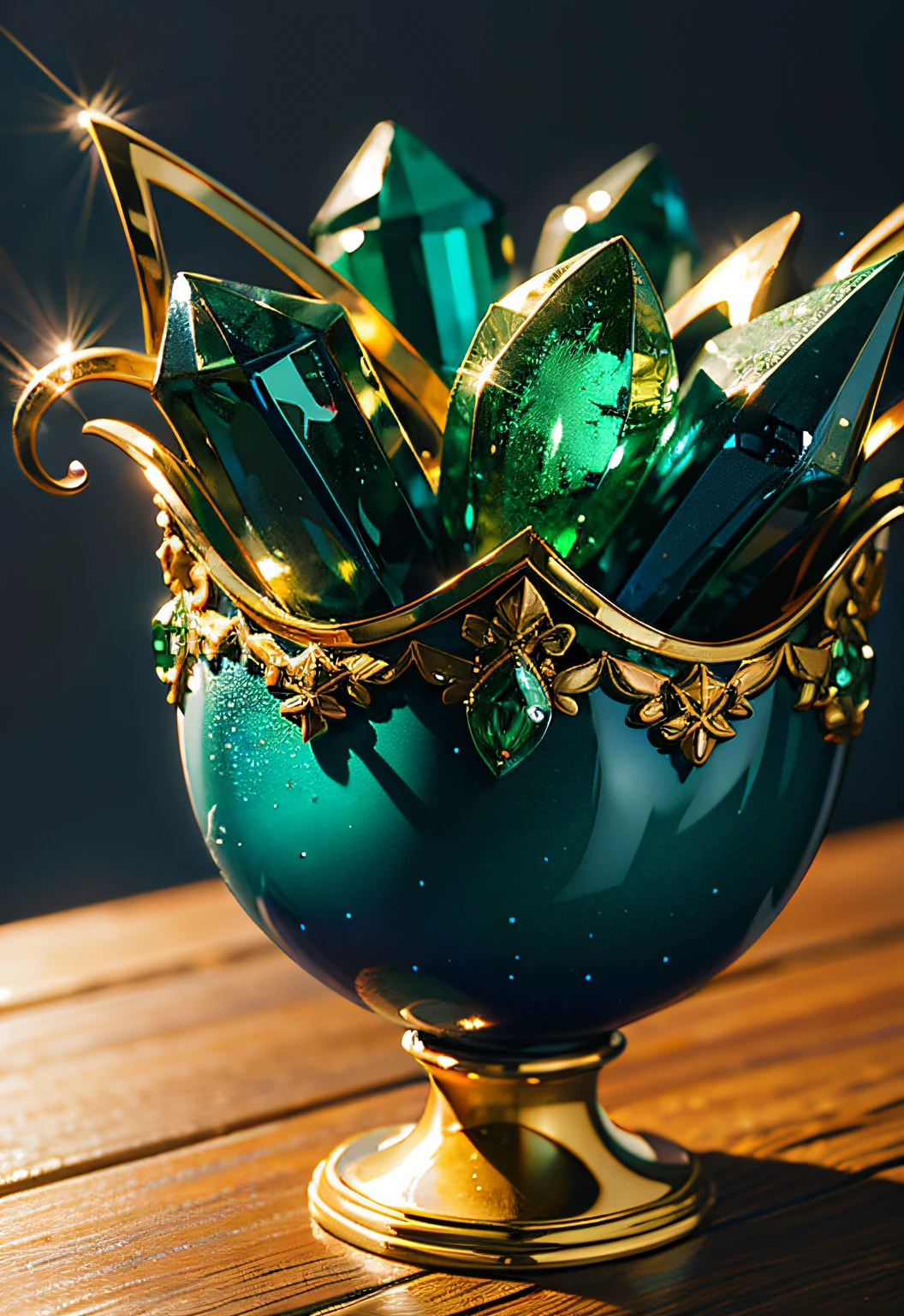 masterpiece、top-quality、top-quality、(Close up photo of glittering emerald gemstones in artistic vessel)、ighly detailed、colourfull、highestdetailed