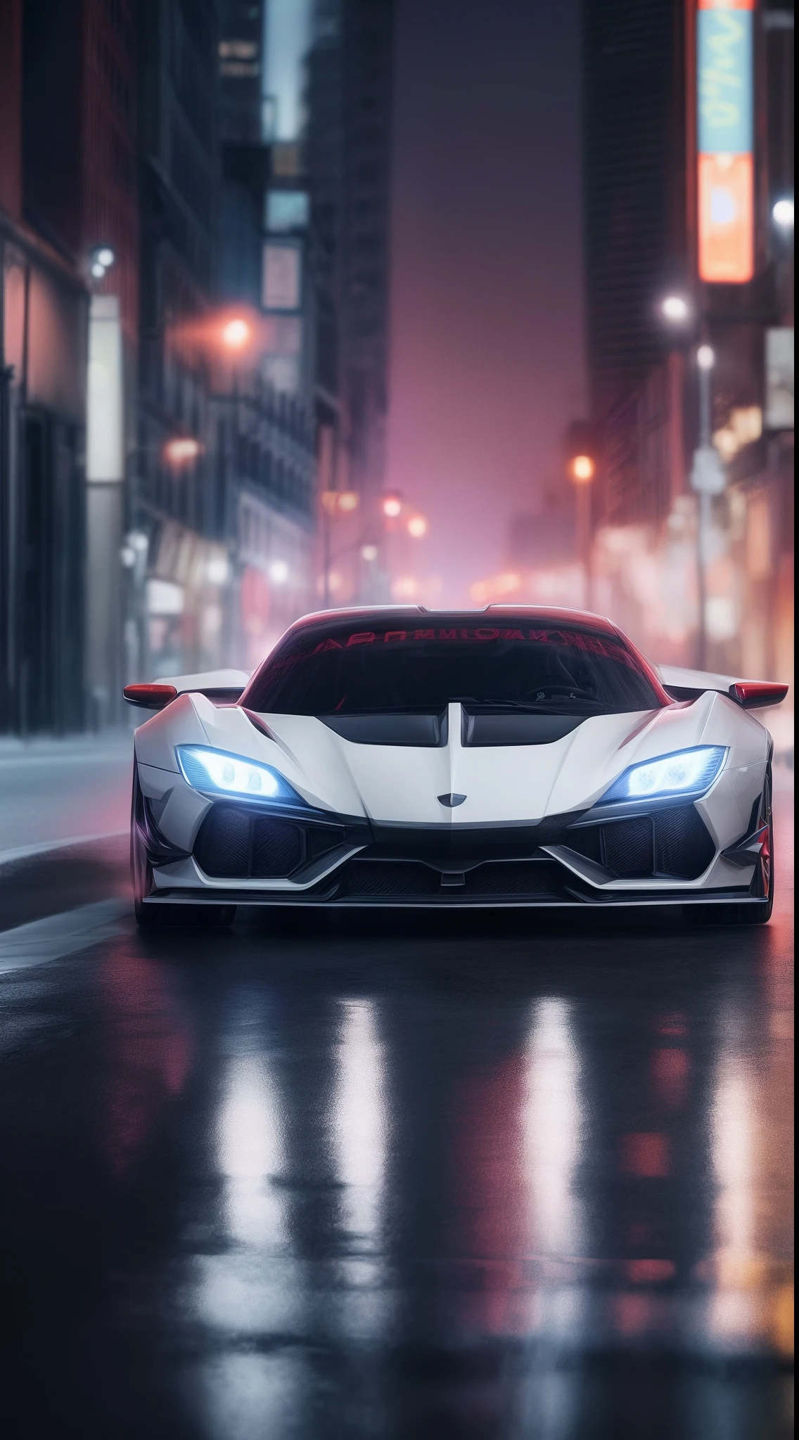 arafed wide body white sports car driving on a city street at night, front view, head on view glowing ember headlights, aggressive front end, no emblems, no emblem on grill, hq 4k phone wallpaper, hq 4k wallpaper, 8k stunning artwork, wallpaper 4k, wallpaper 4 k, 4 k render, 4k render, cinematic 4k wallpaper, cinematic 4 k wallpaper, cinematic front shot, wallpaper mobile, extreme render, 8k render, 8 k render, shallow depth of field, micro-details, photorealism, photorealistic,