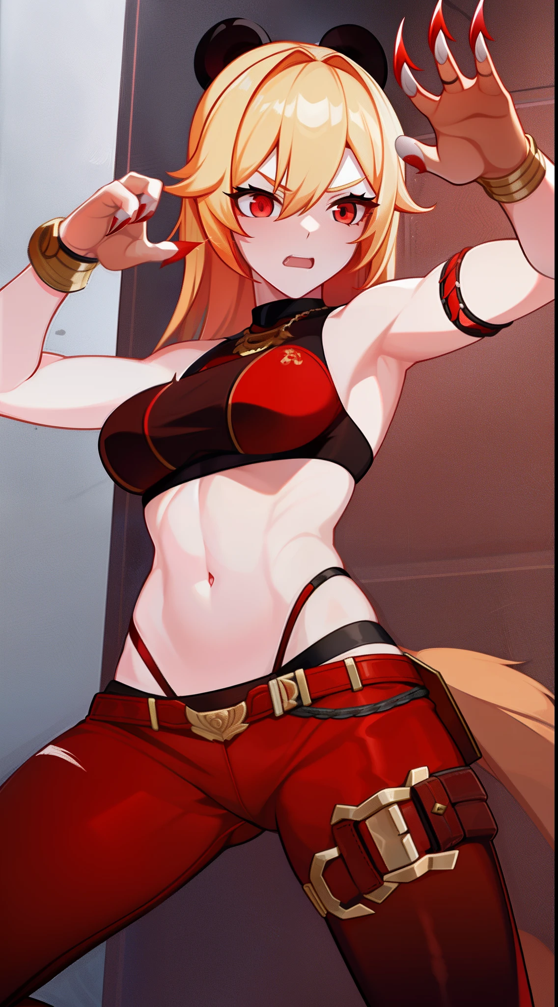 adult girl, longue blonde hair, red eyes, Bear ears, musculature, Scars, open belly, Brown Barbarian Top, Barbarian pants, claws, combat pose, Rage, bear, Masterpiece, hiquality