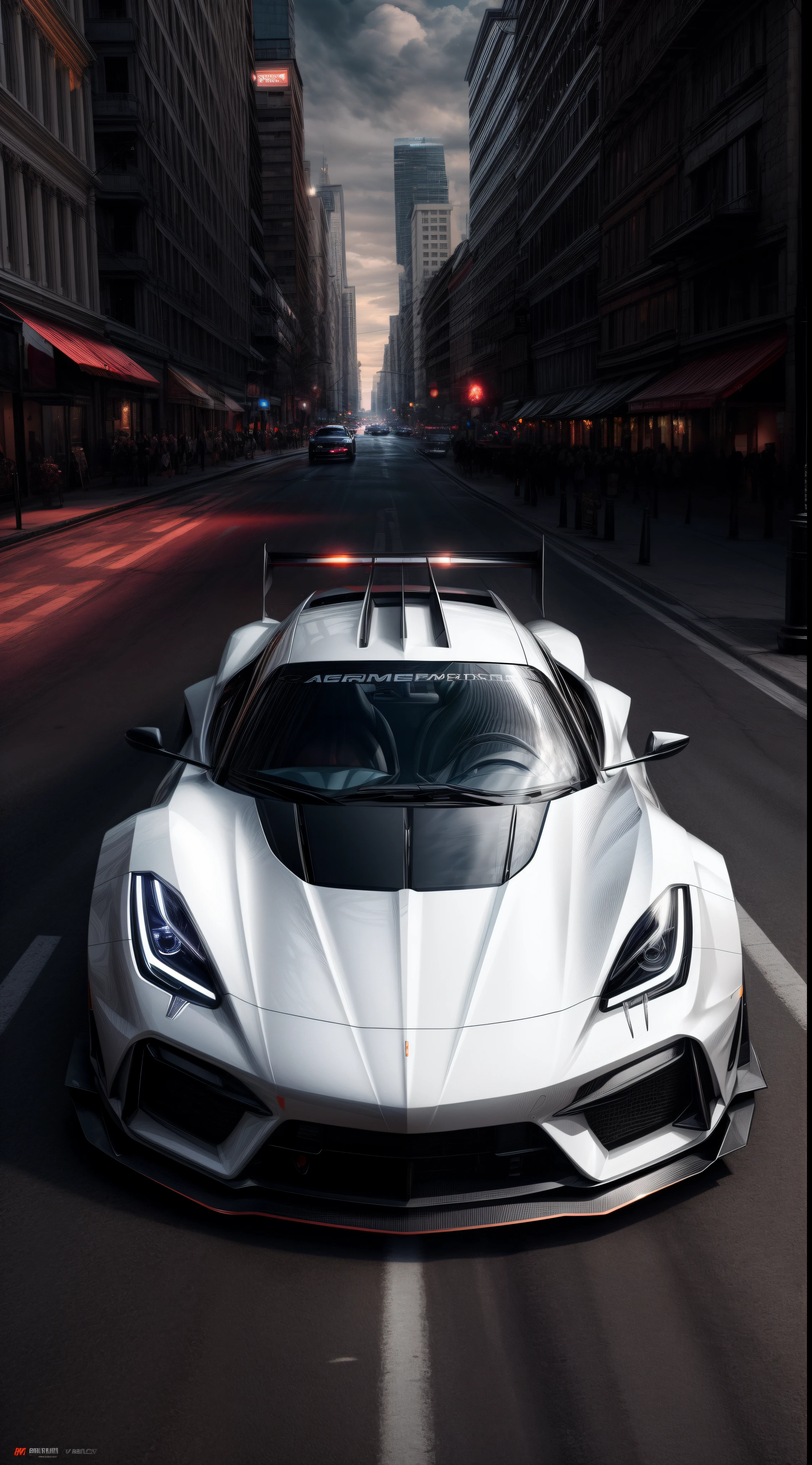 arafed wide body white sports car driving on a city street at night, front view, head on view glowing ember headlights, aggressive front end, no emblems, no emblem on grill, hq 4k phone wallpaper, hq 4k wallpaper, 8k stunning artwork, wallpaper 4k, wallpaper 4 k, 4 k render, 4k render, cinematic 4k wallpaper, cinematic 4 k wallpaper, cinematic front shot, wallpaper mobile, extreme render, 8k render, 8 k render, shallow depth of field, micro-details, photorealism, photorealistic,
