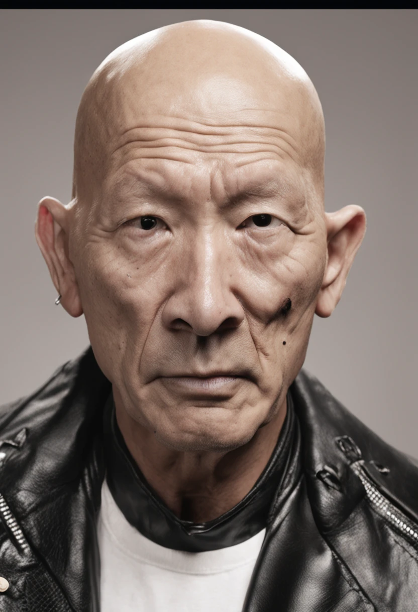 An old, balding Japanese rock 'n' roller with a bald head, combing himself through his own hair with a comb, he is a former delinquent wearing a black leather double rider's jumper. This is a photo-realism, a must-see, backstage at a live music venue.