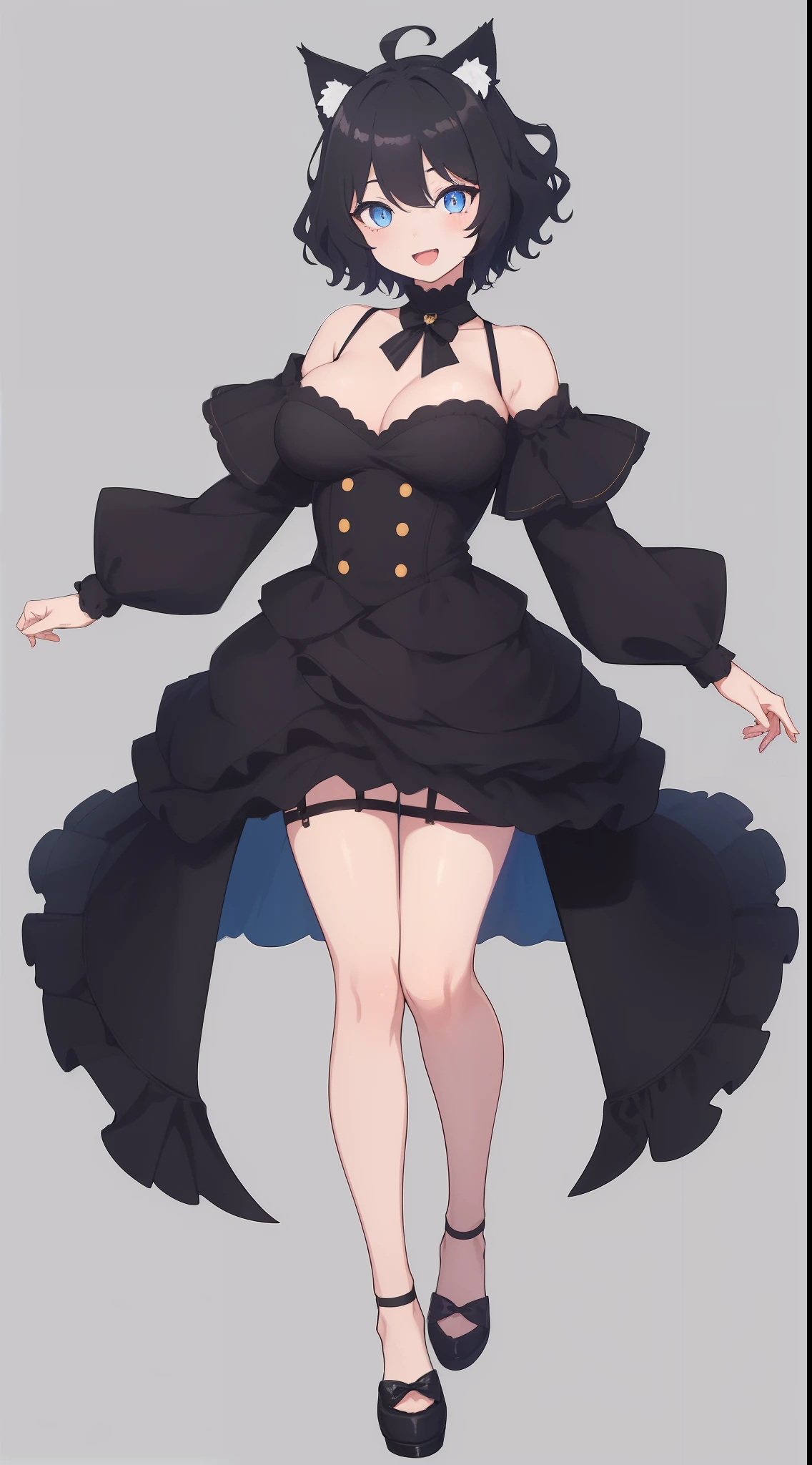 Full body, Upright, Arms at sides, Looking at Viewer, Simple background, 1girl in, Open mouth, Smile, Virtual Youtuber、girl with、、((Best Quality, high_resolution, Distinct_image)),(Black hair), (Black cat ears), (Ahoge), (absurdly short hair), (Wavy Hair), (Blue eyes),、A smile、large full breasts、