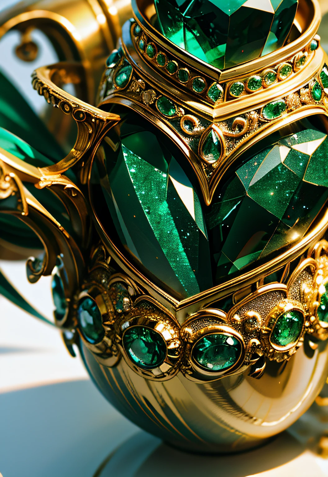 ​masterpiece、top-quality、top-quality、(Close up photo of glittering emerald gemstones in artistic vessel)、ighly detailed、colourfull、highestdetailed