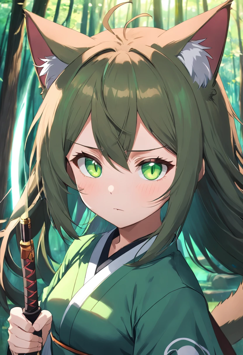 cat ear,femele,Green eyes,Long brown hair,Master of swordsmanship,In a Japanese anime style,Background forest