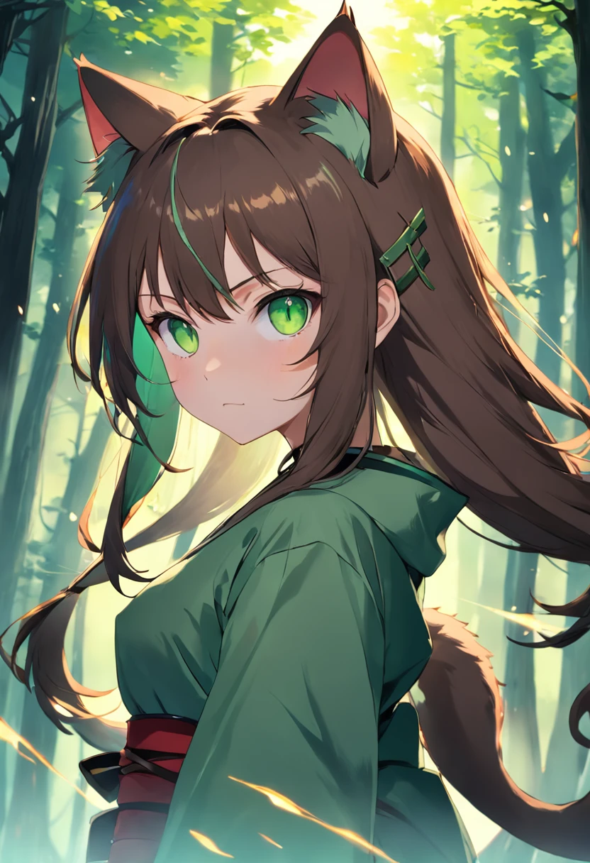 cat ear,femele,Green eyes,Long brown hair,Master of swordsmanship,In a Japanese anime style,Background forest