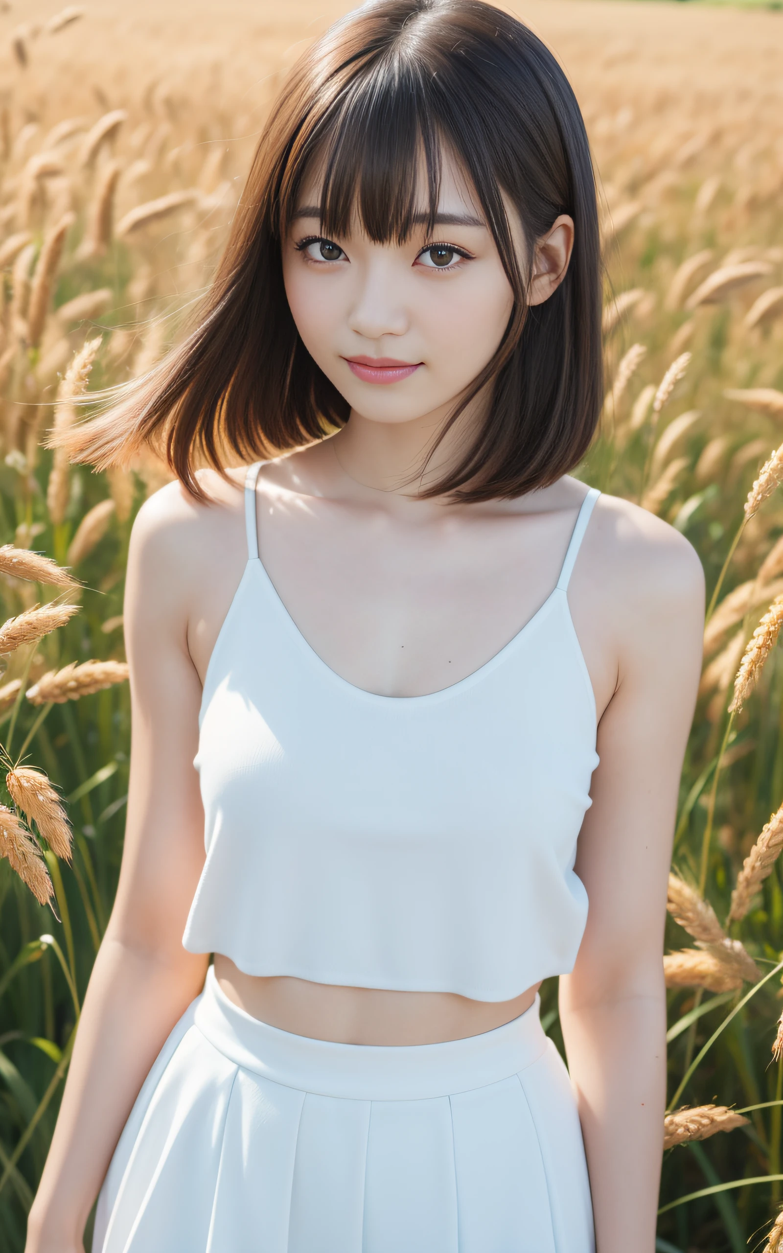 ((Best Quality, 8K, masutepiece: 1.3)), (Sharp Focus: 1.2), Rustic farm with rolling fields of golden wheat, 1 girl, Full body, put your hands behind your back, stunning elegant pose,Neat and clean beauty, 20 years old, half Japanese and half American, Looking away, Classy and elegant, A pretty girl with perfect figure, shyly smiling, Cute, Shy, ((shoulder length straight hair swaying in the wind, bangs)), Big breasts, (Tank top: 1.1), Skirt, Highly detailed face and skin texture, Detailed eyes, Background bokeh,