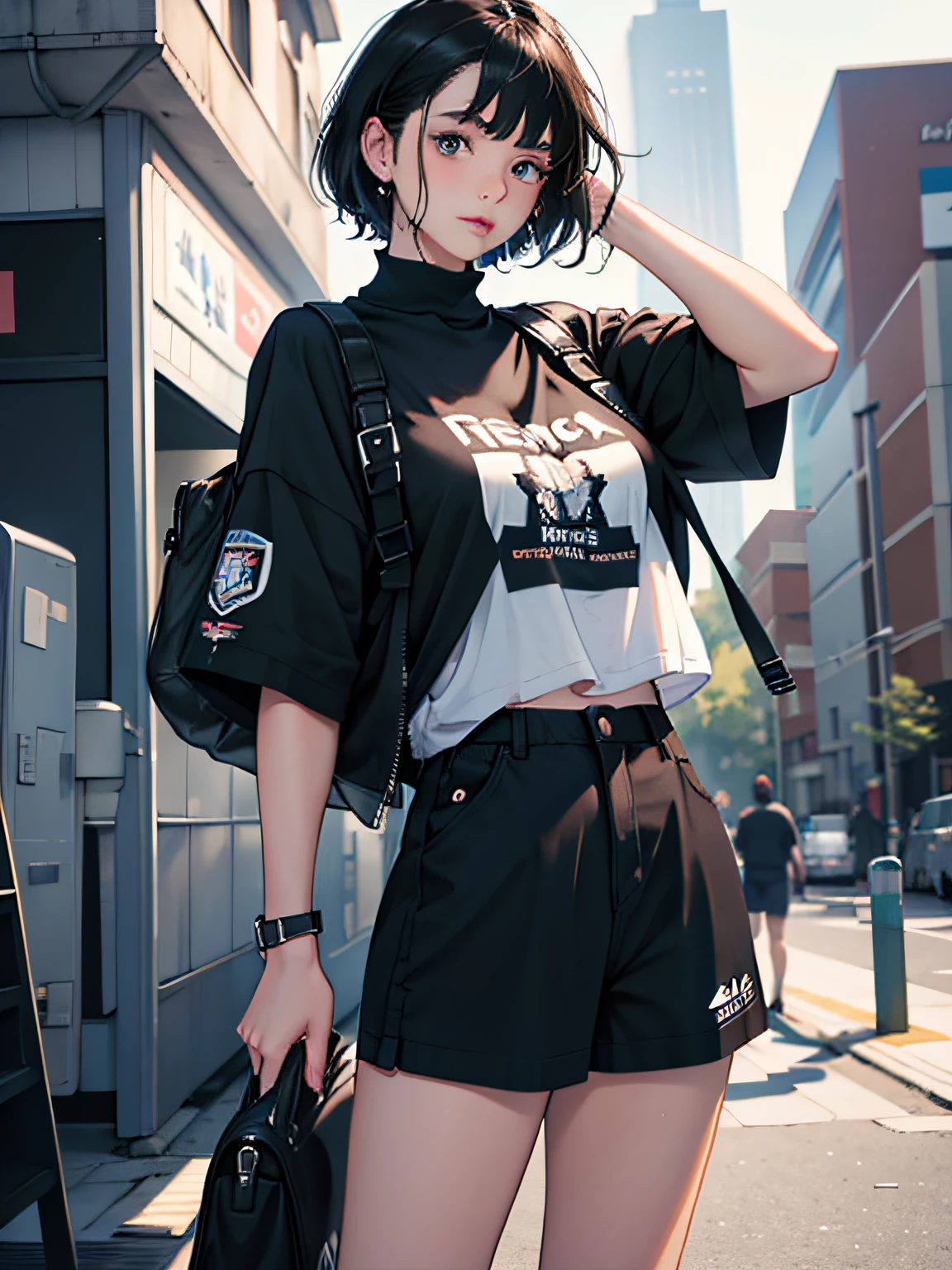 15-year-old girl : 1.3, Short black hair: 1.2, Casual wear: 1.2, Daytime: 1.2, on the campus: 1.2, cinmatic lighting, surrealism, hyper HD, ccurate, Super detail, Textured skin, High detail, Best quality, 8K