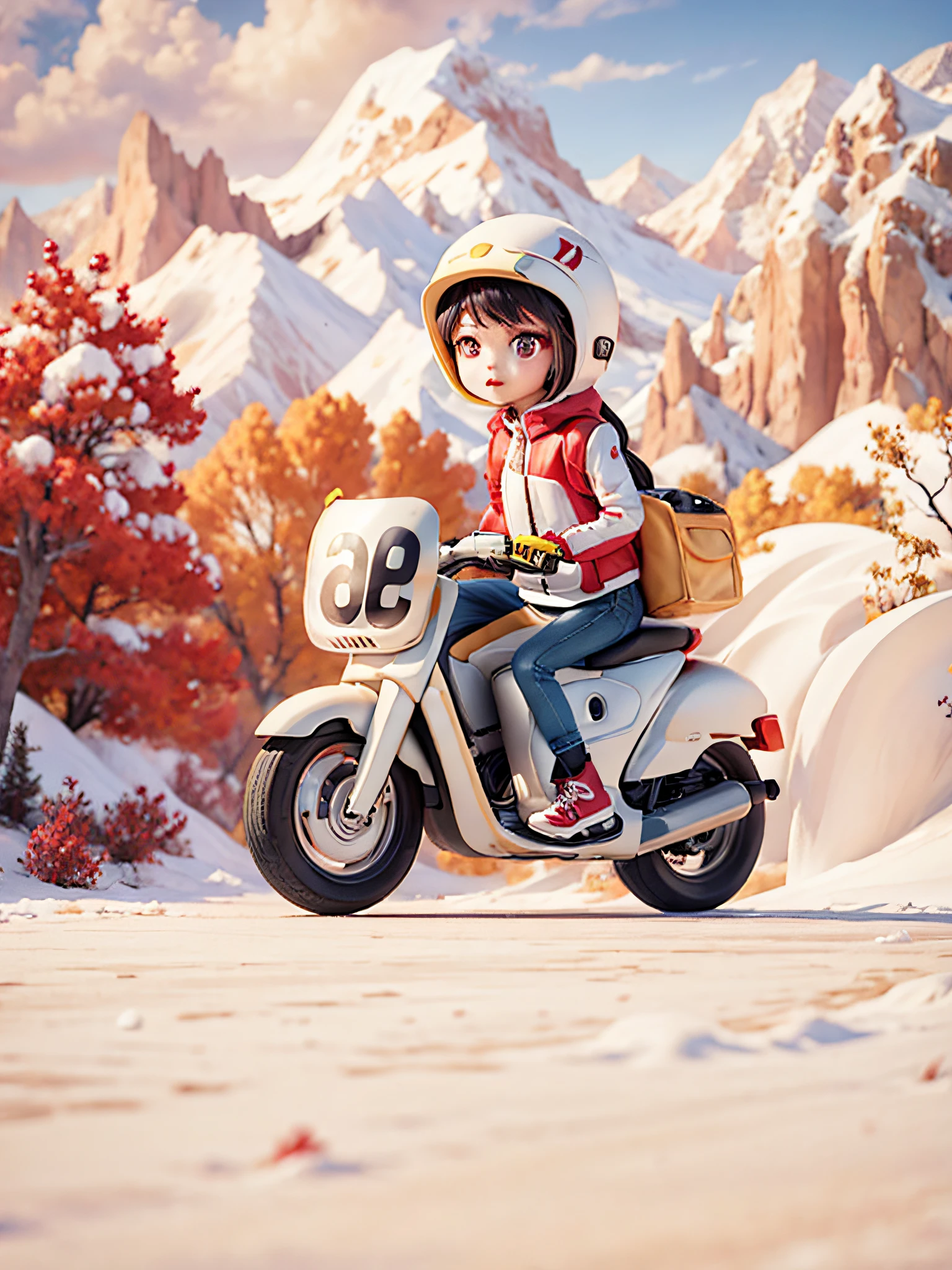 A girl with long hair and beautiful hair，Deliver food on a yellow motorcycle，A red hat is worn on his head，On the snow，Behind are mountains and lakes，lightand shade contrast、depth of fields、电影灯光、16k、best qualtiy、A high resolution、high detal、textureskin、tmasterpiece