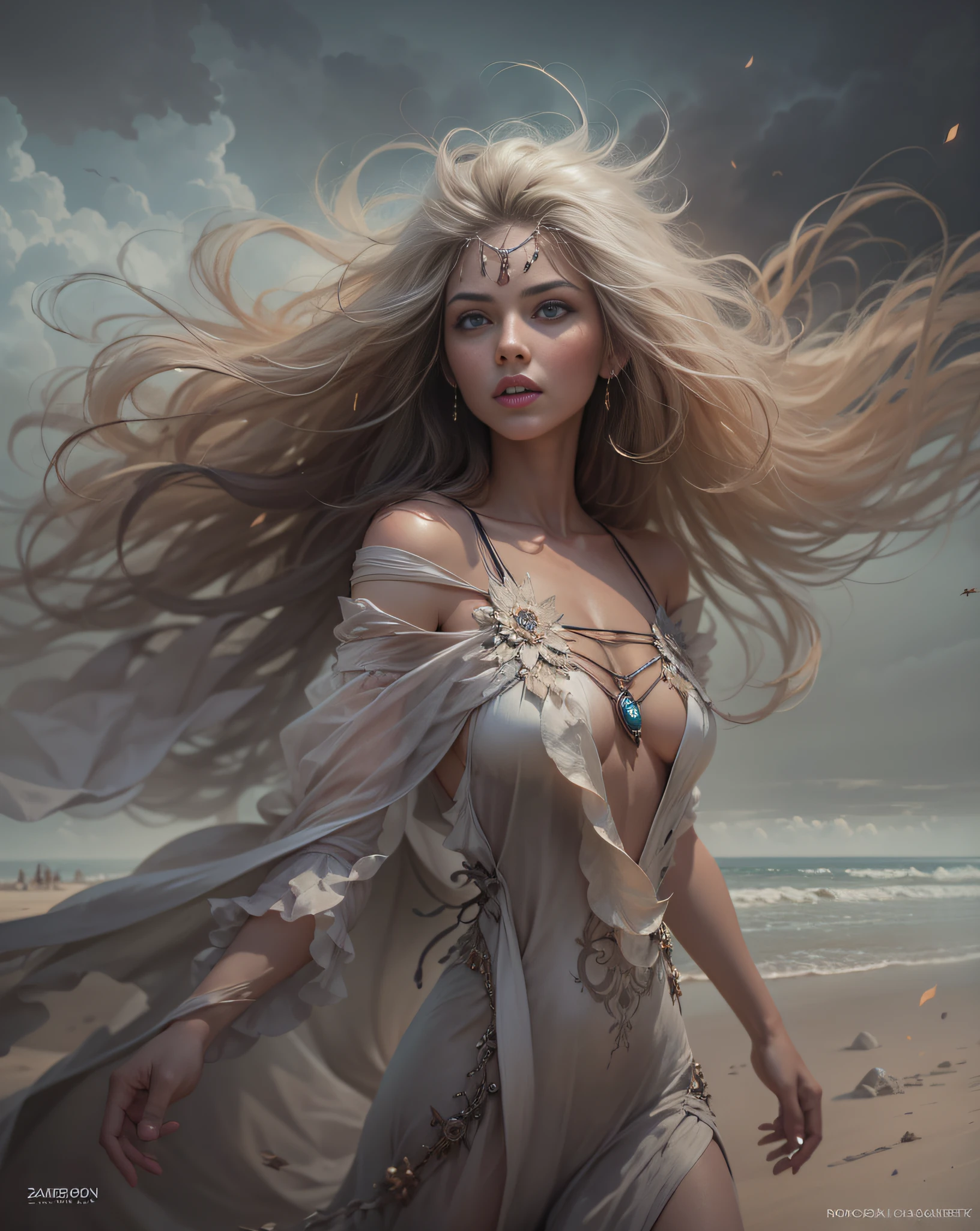 Arad woman in dress walks across the beach, inspired by Darek Zabrocki, Brooke Sardin in detail, Goddess of dust, (tmasterpiece),(photorealestic),(真实感:1.2),(RAW photogr:1.2),(best qualtiy:1.2),(Detailed face: 1.4),(Beautiful detailed eyes:1.2),(detailed hair),light in face,inspired by Maciej Kuciara, inspired by Igor Kieryluk, author:Darek Zabroki, Tomasz Alen Kopera and CGsociety, cloud goddess, Wind and dust
