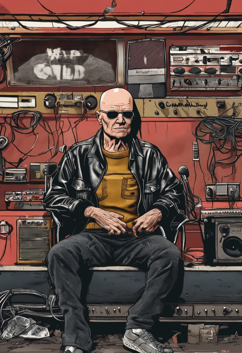 Bald-headed Japan rock 'n' roller old man、 Combing your own hair with a comb。 He is an ex-rogue wearing a black leather double rider jumper。 This is photorealism, must-see, Backstage at the live venue.