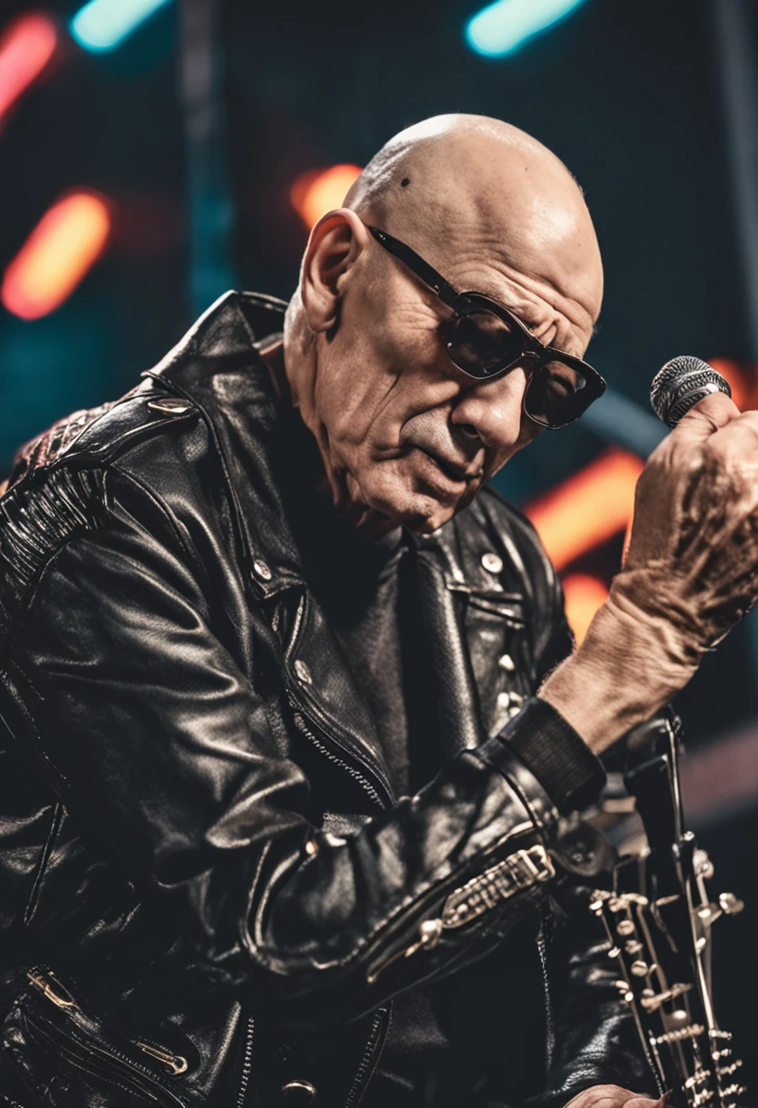 Bald-headed Japan rock 'n' roller old man、 Combing your own hair with a comb。 He is an ex-rogue wearing a black leather double rider jumper。 This is photorealism, must-see, Backstage at the live venue.
