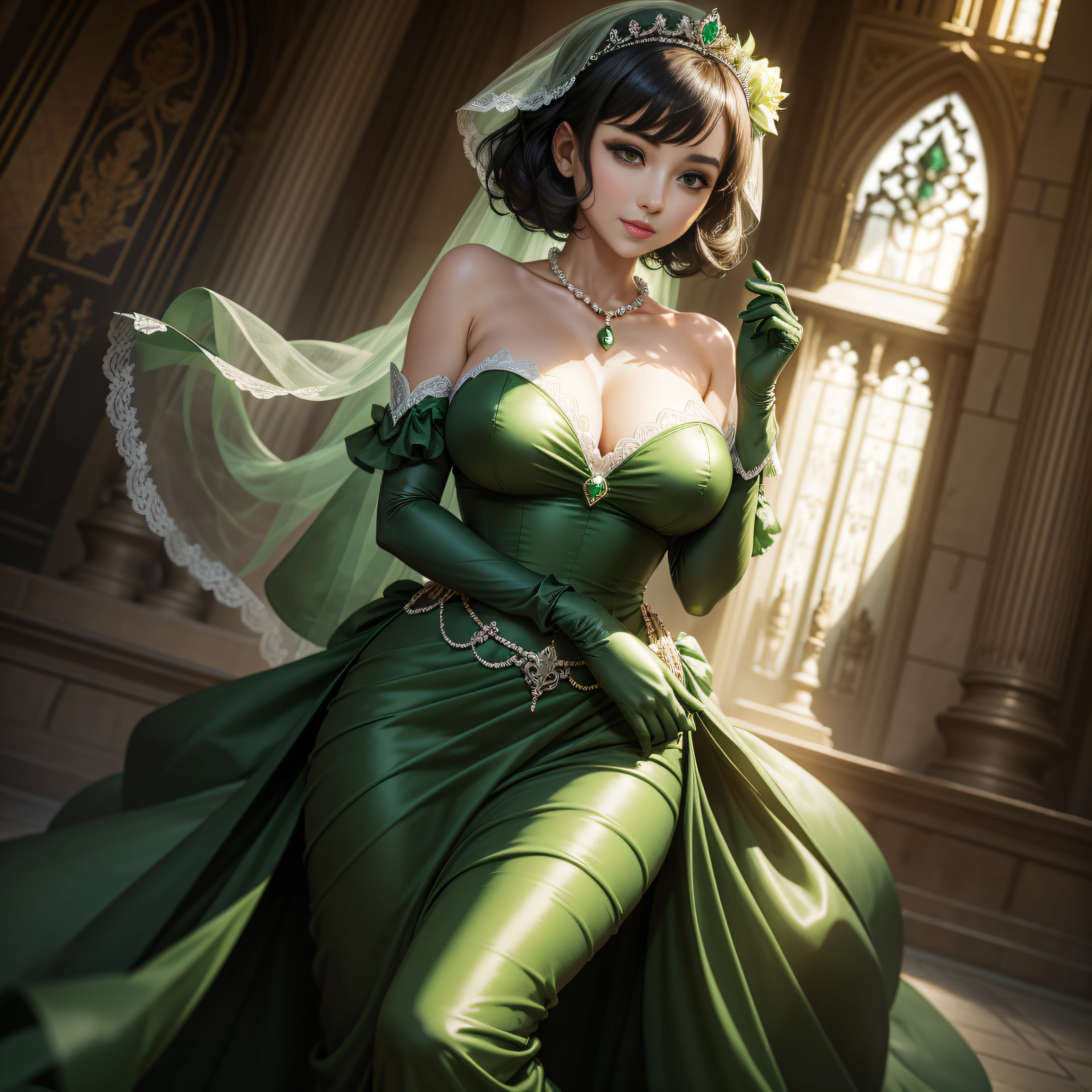 Green Dress Flower Cleanser,Sense of atmosphere, best qualtiy,tmasterpiece,1girll,30-years old,Green dress,Daytime Church,full body Esbian, Green gloves,With short black hair,big breasts beautiful,looking at viewert,ssmile,Green Bridal Veil,Green Long Grove,Satin green long gloves, lipsticks, Pearl Necklace、Green gloves, emerald tiara