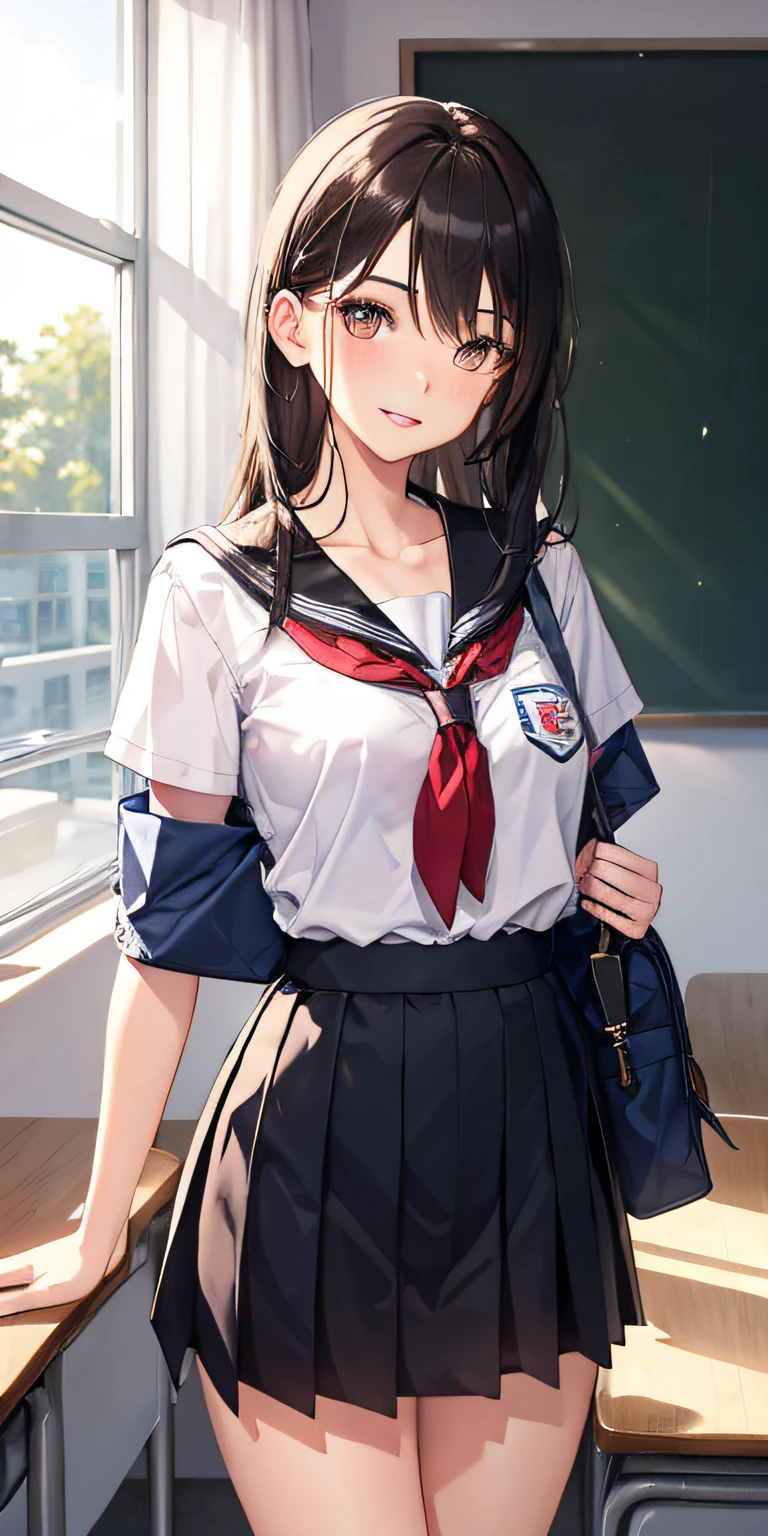 ((Tabletop, highest quality, High resolution, Hmph, Pixel Perfect, 4K, Hmph, Hmph))), One Girl, single, alone, beauty、The whole body is visible、 ((Mid-wave hair, bangs, Brown Hair)), ((Brown eyes, Beautiful eyelashes, Realistic eyes)), ((Detailed face, Blushing:1.2)), ((Smooth texture:0.75, Realistic texture:0.65, Realistic:1.1, Anime CG Style)), Center of chest, Dynamic Angle, Perfect body, ((Red bow tie, , , White shirt, Black plaid skirt)), classroom、、Very embarrassing panic smile, 、、(The wind flipped up her skirt, Sit on a chair、Get on one knee、Flip up your skirt with both hands、Showing off her white and pink floral lace panties、Open your legs a little)、Angle from below