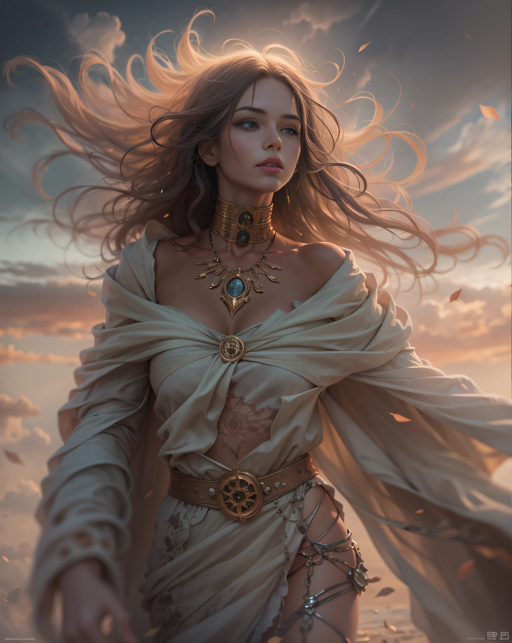 Arad woman in dress walks across the beach, inspired by Darek Zabrocki, Brooke Sardin in detail, Goddess of dust, (tmasterpiece),(photorealestic),(真实感:1.2),(RAW photogr:1.2),(best qualtiy:1.2),(Detailed face: 1.4),(Beautiful detailed eyes:1.2),(detailed hairs),light in face,inspired by Maciej Kuciara, inspired by Igor Kieryluk, author:Darek Zabroki, Tomasz Alen Kopera and CGsociety, cloud goddess, Wind and dust
