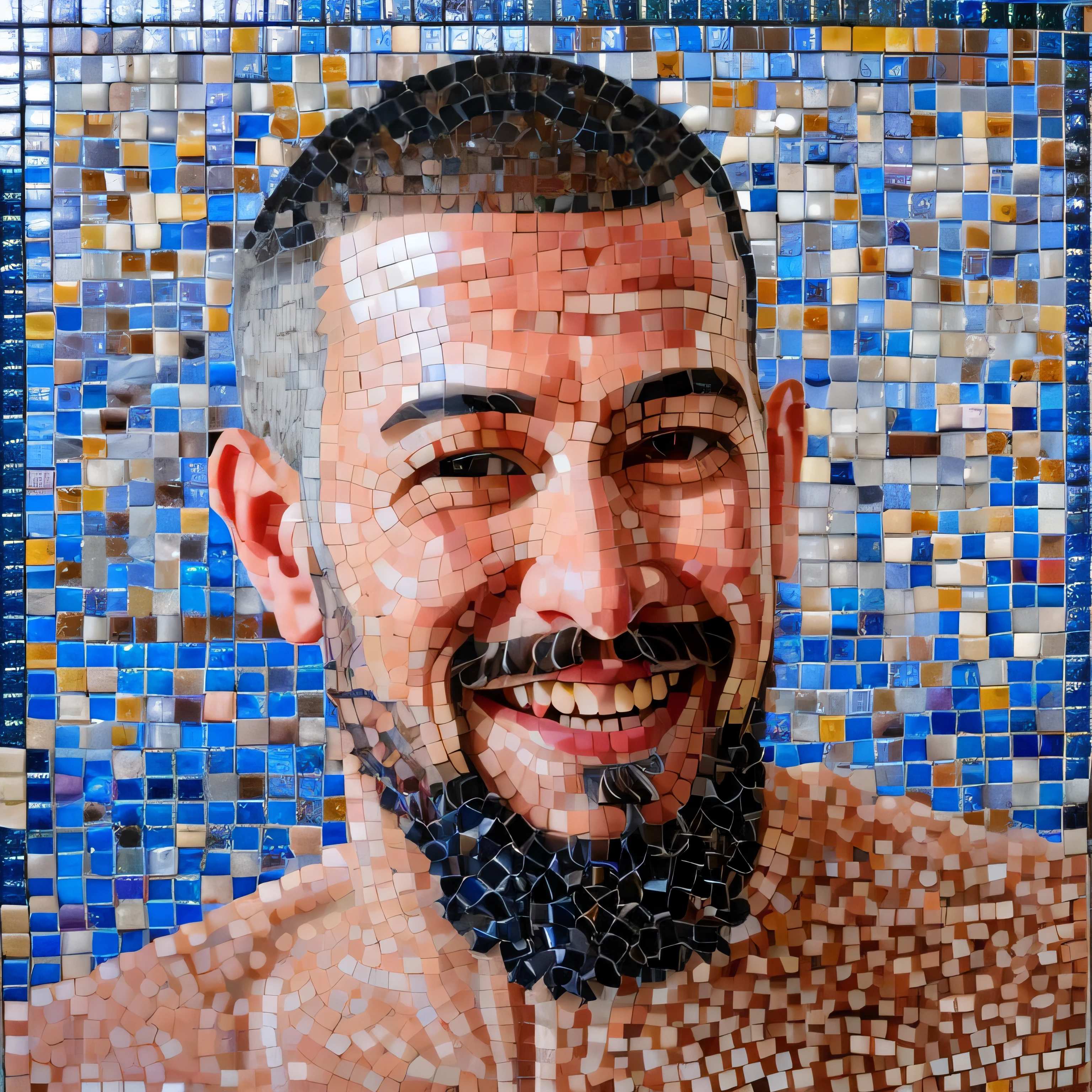 Urbi Goldberg mosaic art，Realistic, Masterpiece, Intricate details, Detailed background, Depth of field, Handsome photo (Japan man), Interesting Ecchus, loincloth, Onsen, Beard, (30 years old), Dynamic pose, cherry blossom,, (Fake smile:0.6), buzz cut,Goatee，Fake smile，laughingly, view the viewer, Expressive, Legs spread, Bulge