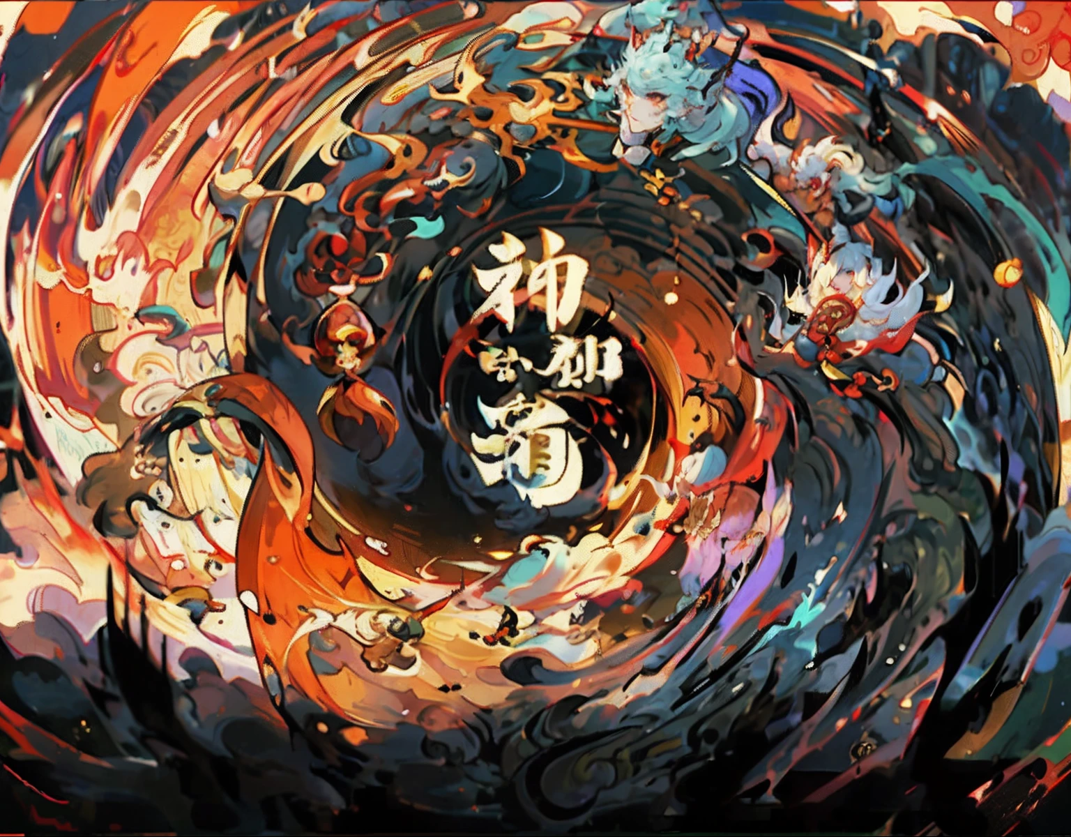 Anime poster with dragon and dragon circle design, Onmyoji detailed art, onmyoji, Official artwork, nezha : birth of the demon child, album covers, by Yang J, G Liulian art style, 中 国 鬼 节, touhou project official artwork, The cover of the game, author:Qu Leilei,Onmyoji border,
