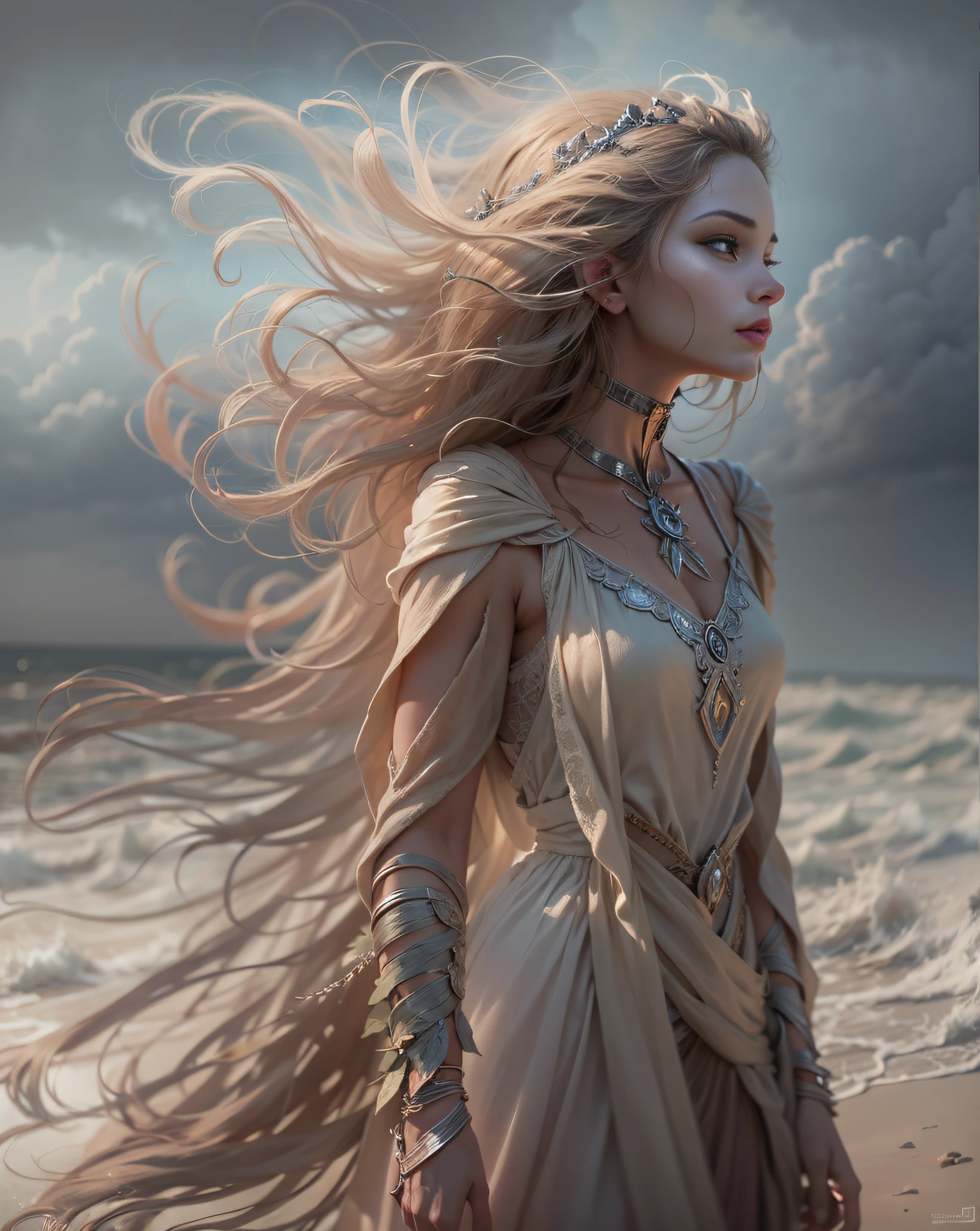 Arad woman in dress walks across the beach, inspired by Darek Zabrocki, Brooke Sardin in detail, Goddess of dust, (tmasterpiece),(photorealestic),(真实感:1.2),(RAW photogr:1.2),(best qualtiy:1.2),(Detailed face: 1.4),(Beautiful detailed eyes:1.2),(detailed hairs),light in face,inspired by Maciej Kuciara, inspired by Igor Kieryluk, author:Darek Zabroki, Tomasz Alen Kopera and CGsociety, cloud goddess, Wind and dust