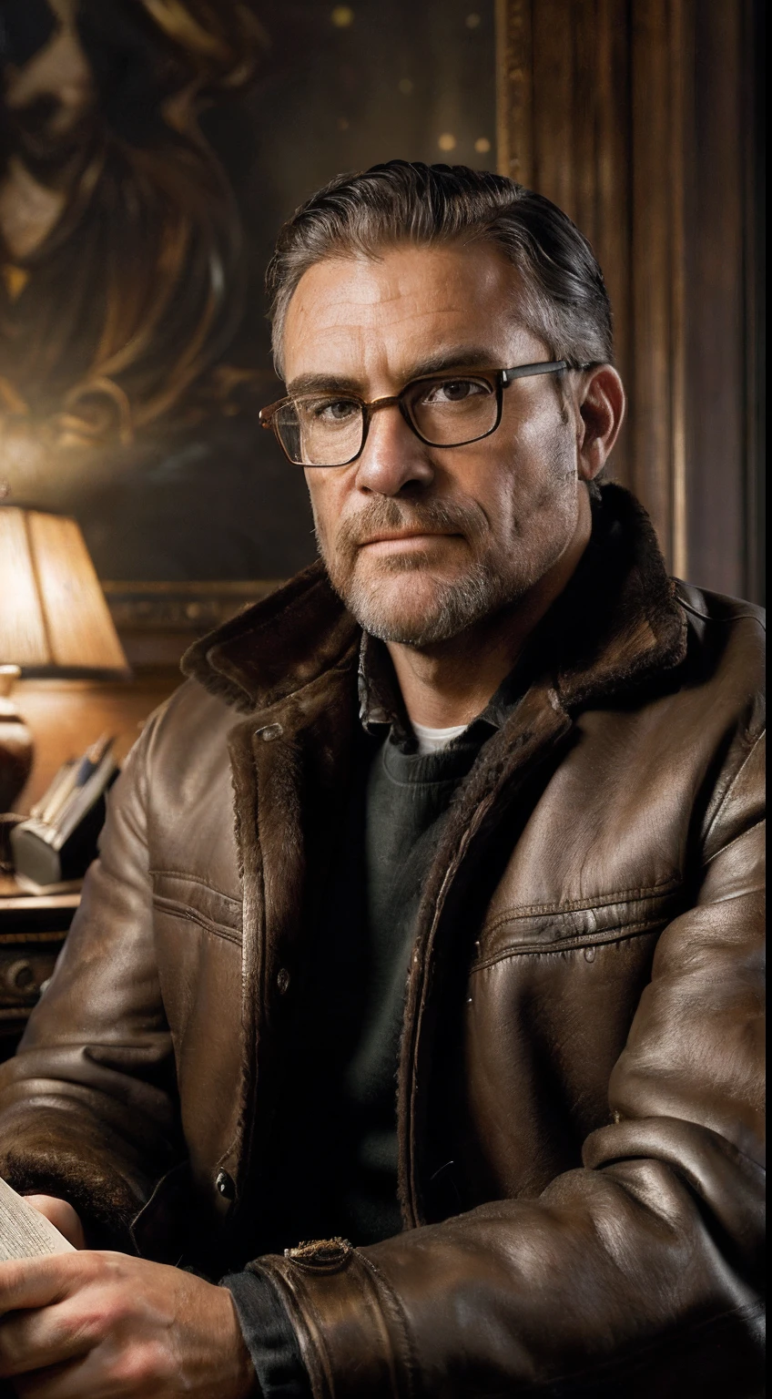 (editorial photograph 9:16 of a working man sitting in his living room in, bearded, calm,confident,look rich,serious doing his reading, 52 years old, brown eyes), (wearing luxury coat, wearing nerd glasses, detailed:1.3), (highly detailed face:1.4), (background inside dark, grumpy, private study libary, antique furniture:1.3), (8k, uhd, DSLR, high quality, cinematic lighting, bokeh), (dramatic and award-winning photography, amazing masterpiece:1.3) (strong depth of field)show book