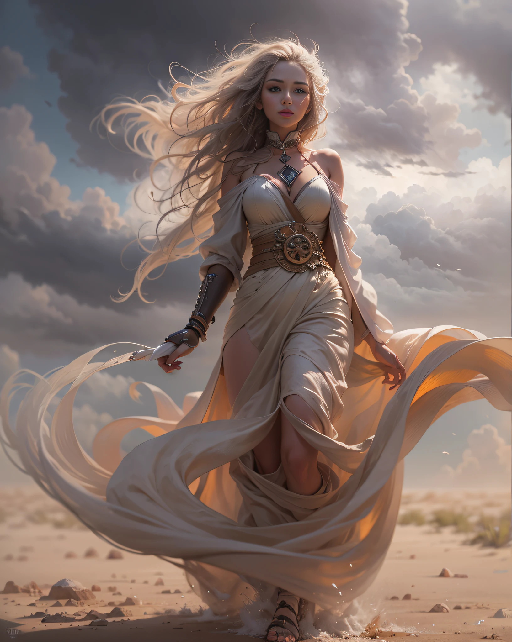 Arad woman in dress walks across the beach, inspired by Darek Zabrocki, Brooke Sardin in detail, Goddess of dust, （tmasterpiece），（photorealestic），（真实感：1.2），（RAW photogr：1.2），（best qualtiy：1.2），（Detailed face： 1.4），（Beautiful detailed eyes：1.2），（detailed hairs），light in face，inspired by Maciej Kuciara, inspired by Igor Kieryluk, author：Darek Zabroki, Tomasz Alen Kopera and CGsociety, cloud goddess, Wind and dust